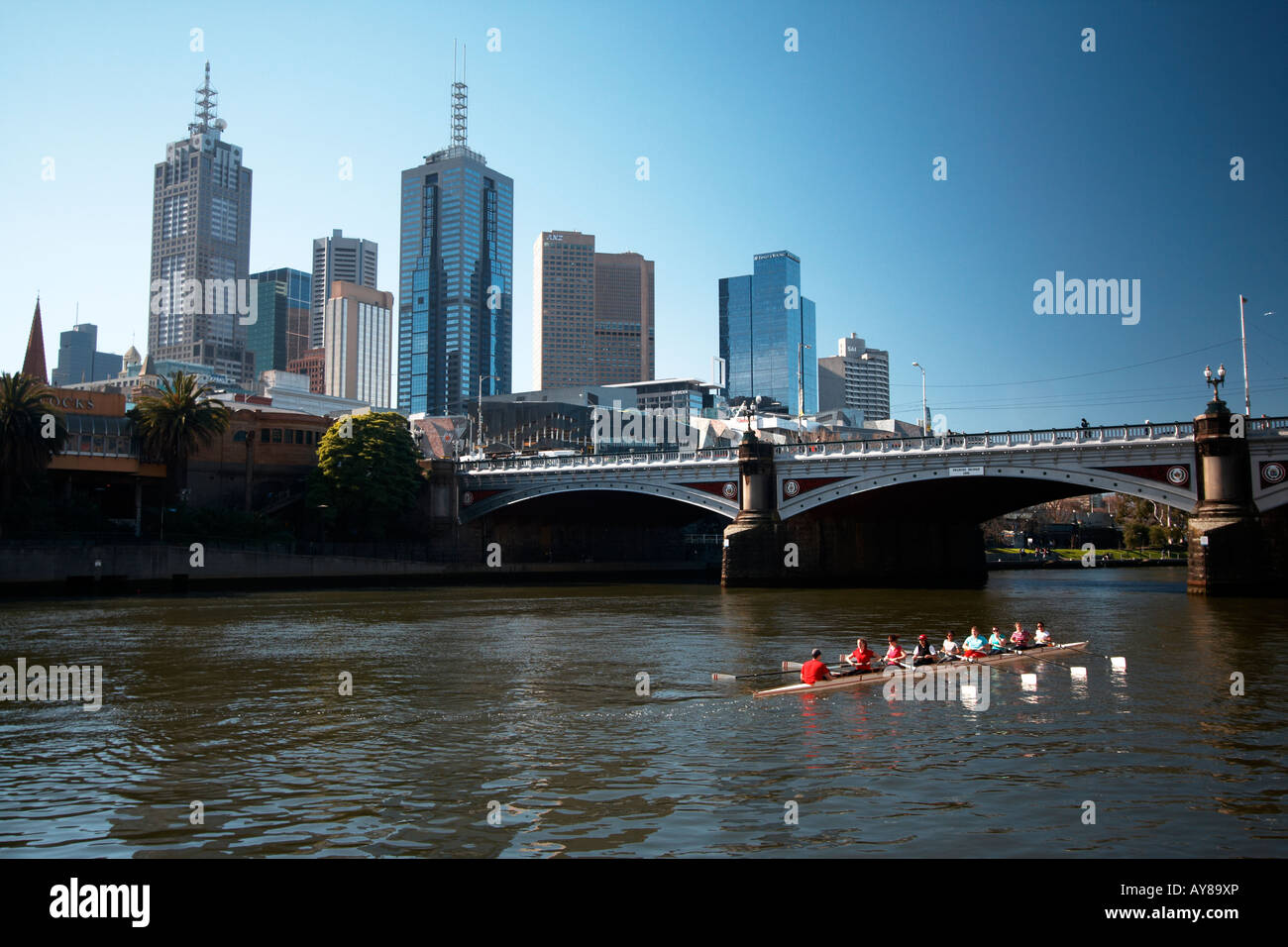 Canoe on the Yarra River and Dowtown Melbourne in the background, Victoria, Australia Stock Photo