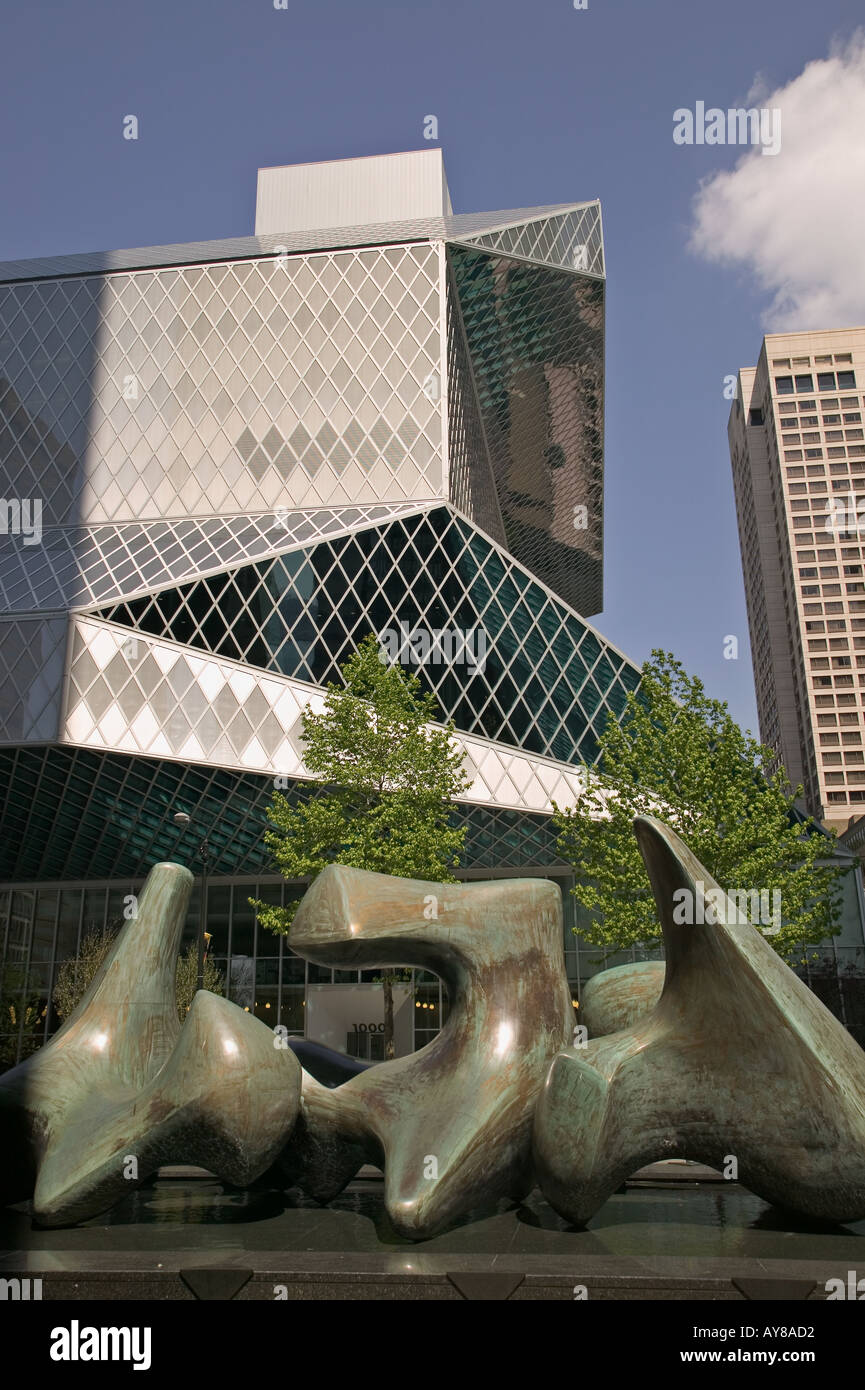 Vertebrae sculpture by Henry Moore with Seattle Public Library downtown main branch building in