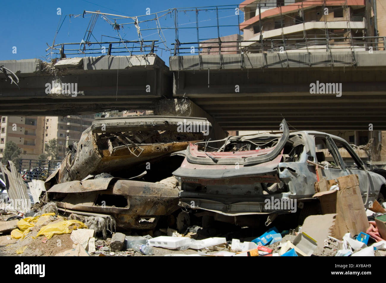 Destroyed bridge and bombed cars Beirut Lebanon Middle East Asia Stock Photo