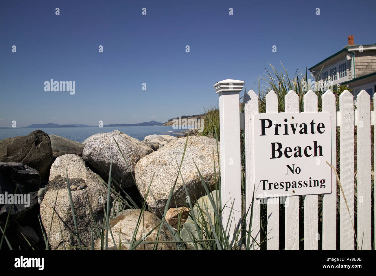 Private beach sign and white picket fence on west shore Whidbey Island