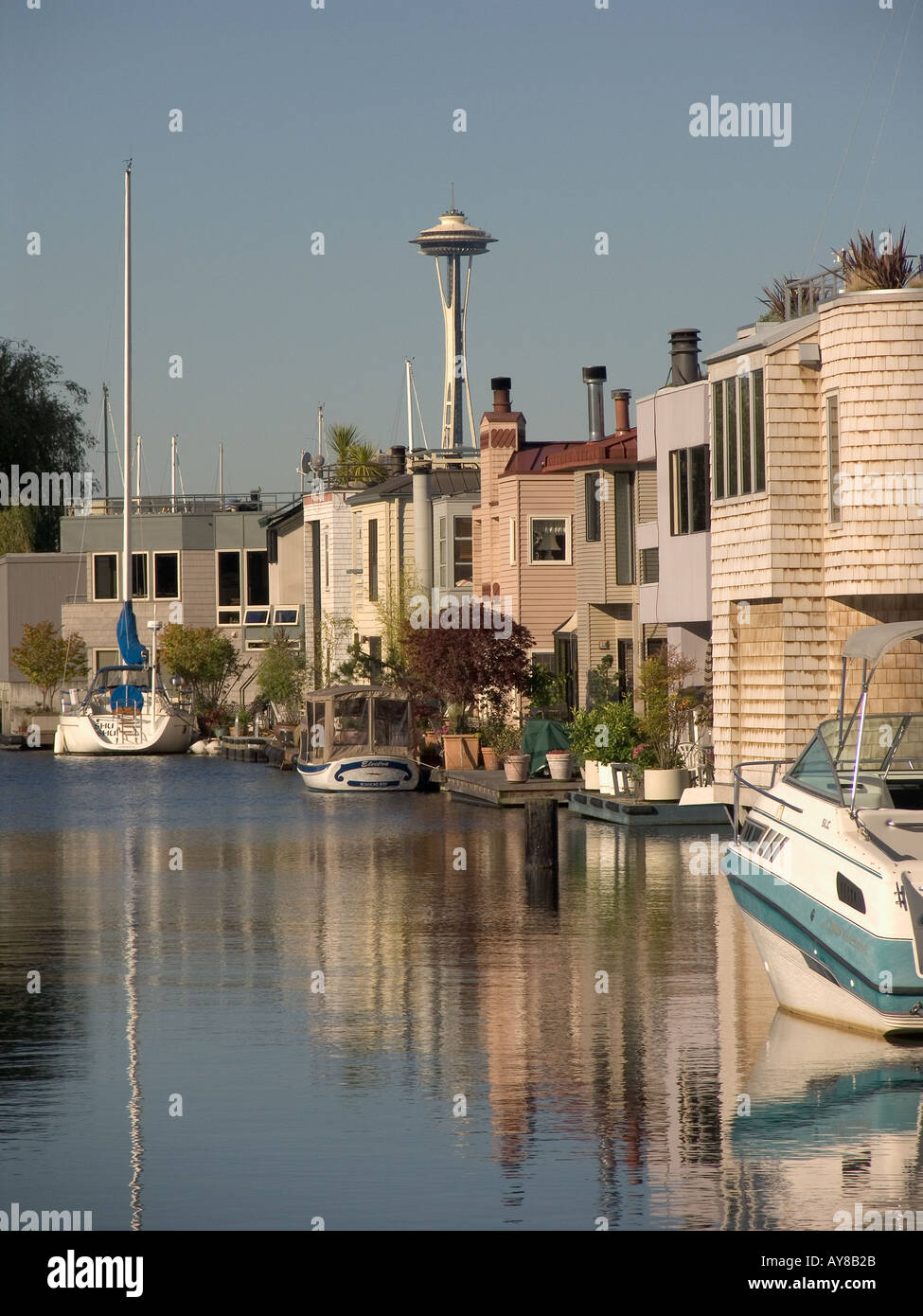 Houseboat community on east side of Lake Union with Space Needle in