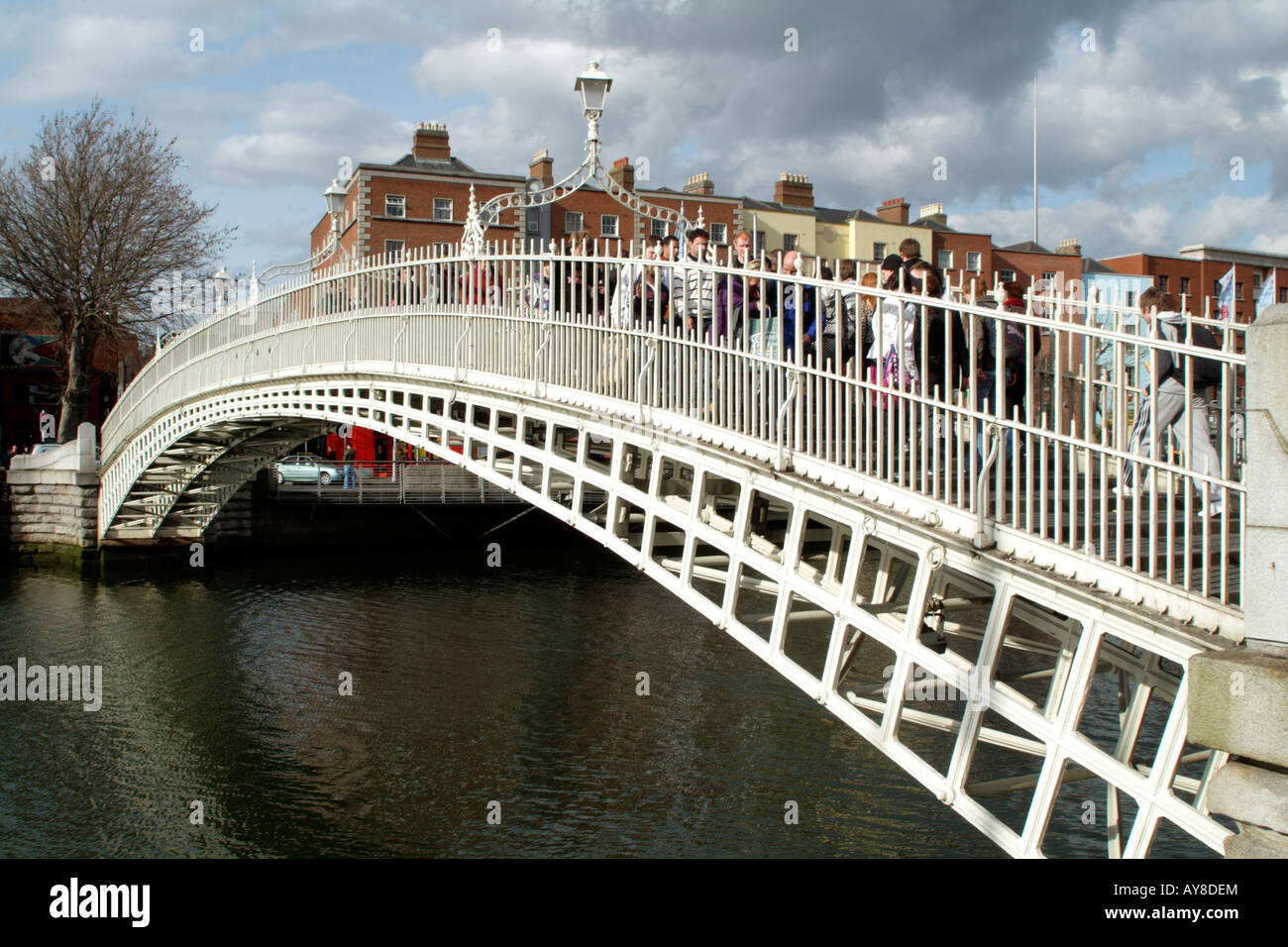 Pedestrian Halfpenny Bridge which crosses the River Liffey in Dublin