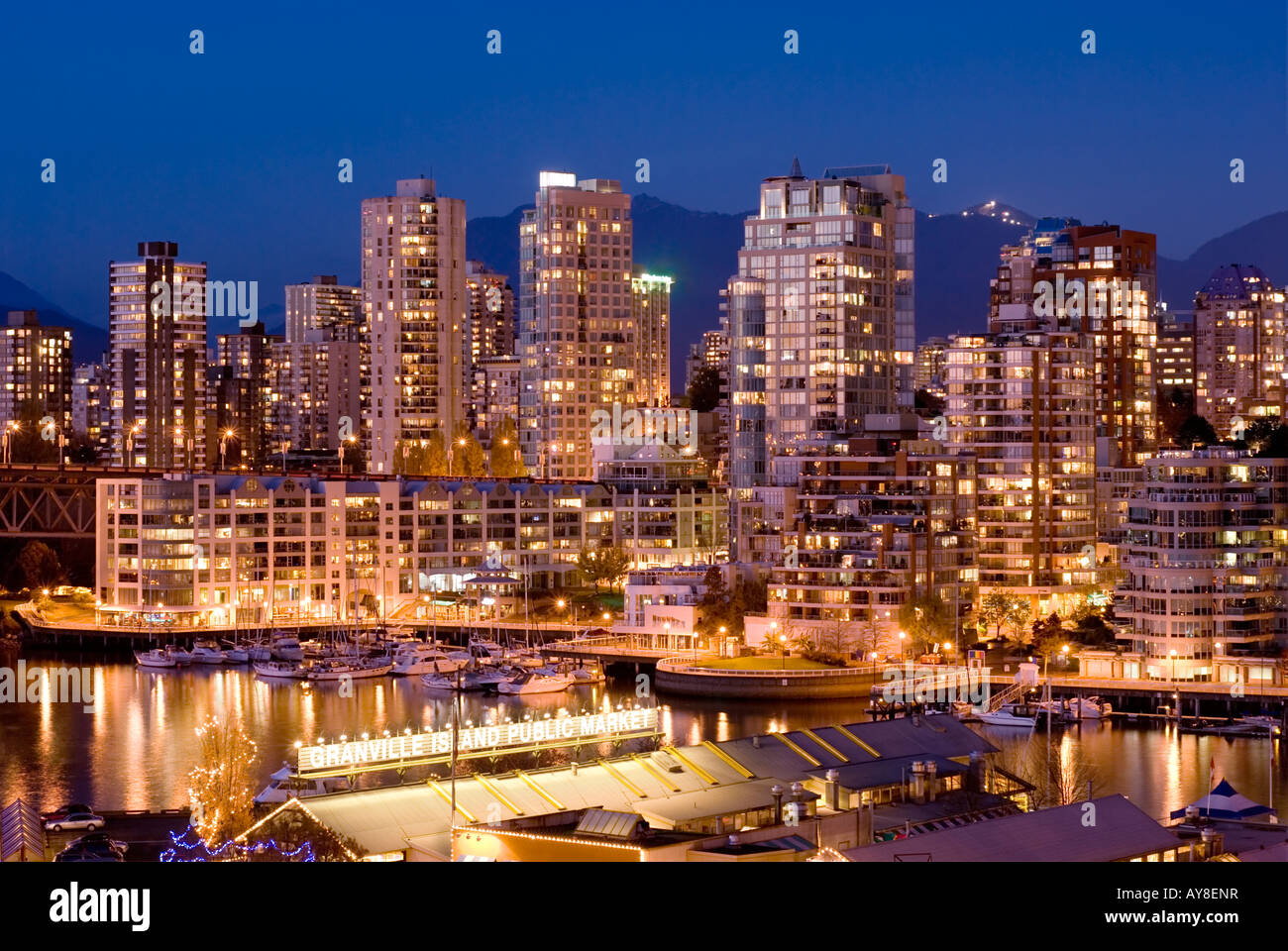 Granville Island Market and False Creek Skyline at night Vancouver Canada Stock Photo
