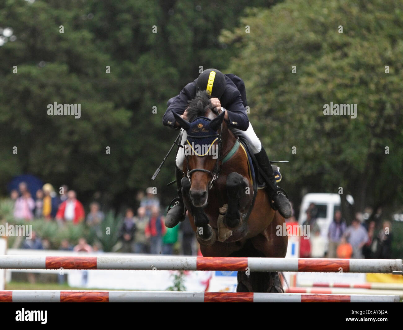 horse and rider jumping over obstacle during equestrian competition