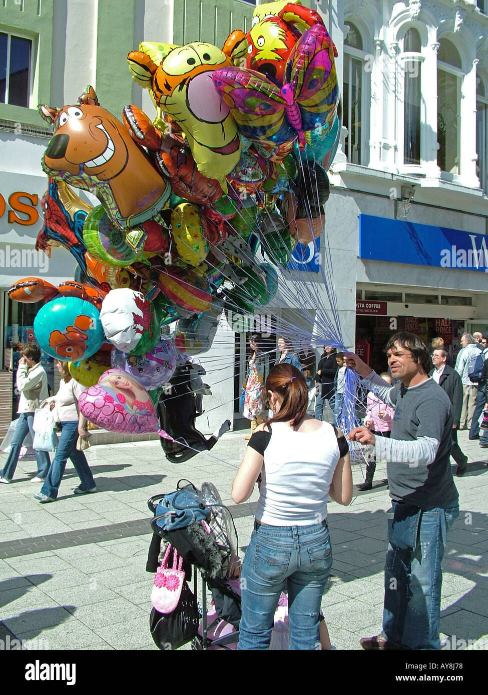 Balloon seller in Summer, Queen Street, Cardiff City Centre, South