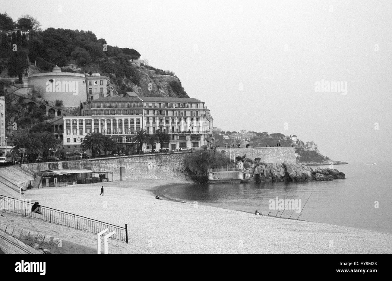 Plage Publique du Castel, La Colline du Chateau and Hotel Suisse, Nice, France Stock Photo