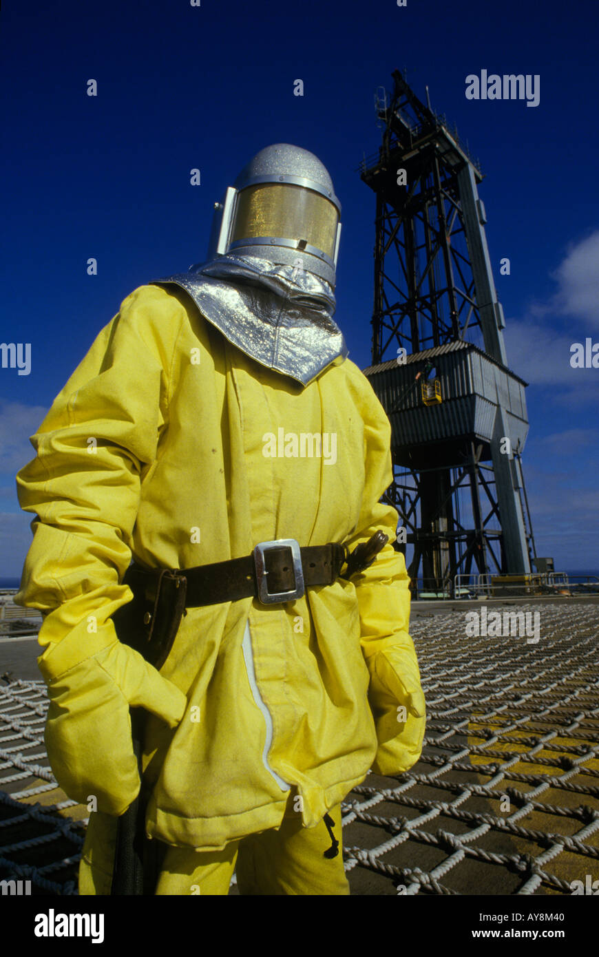North Sea oil rig oil rig fire fighter in full protective clothing