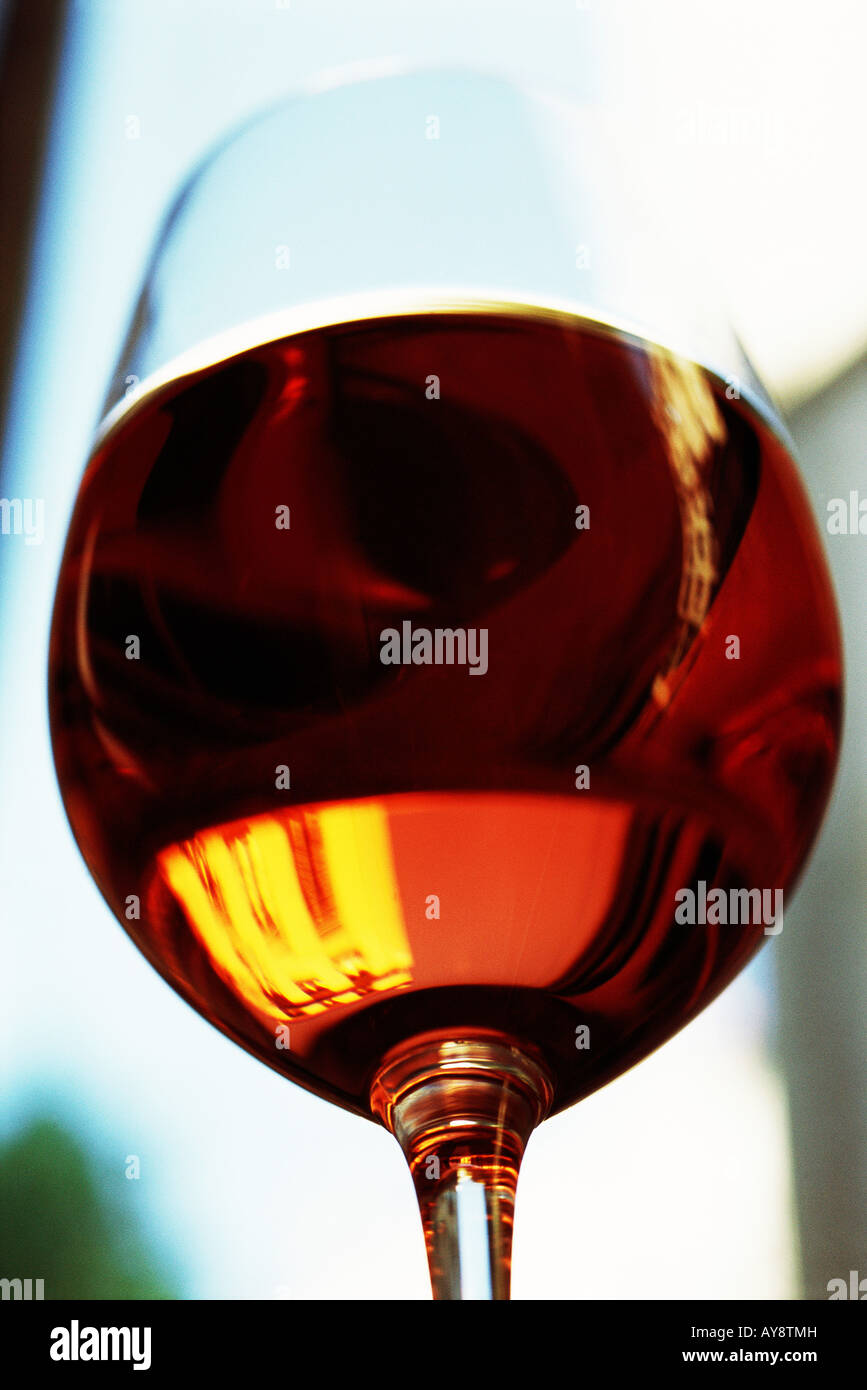 Red wine glass, close-up, low angle view Stock Photo