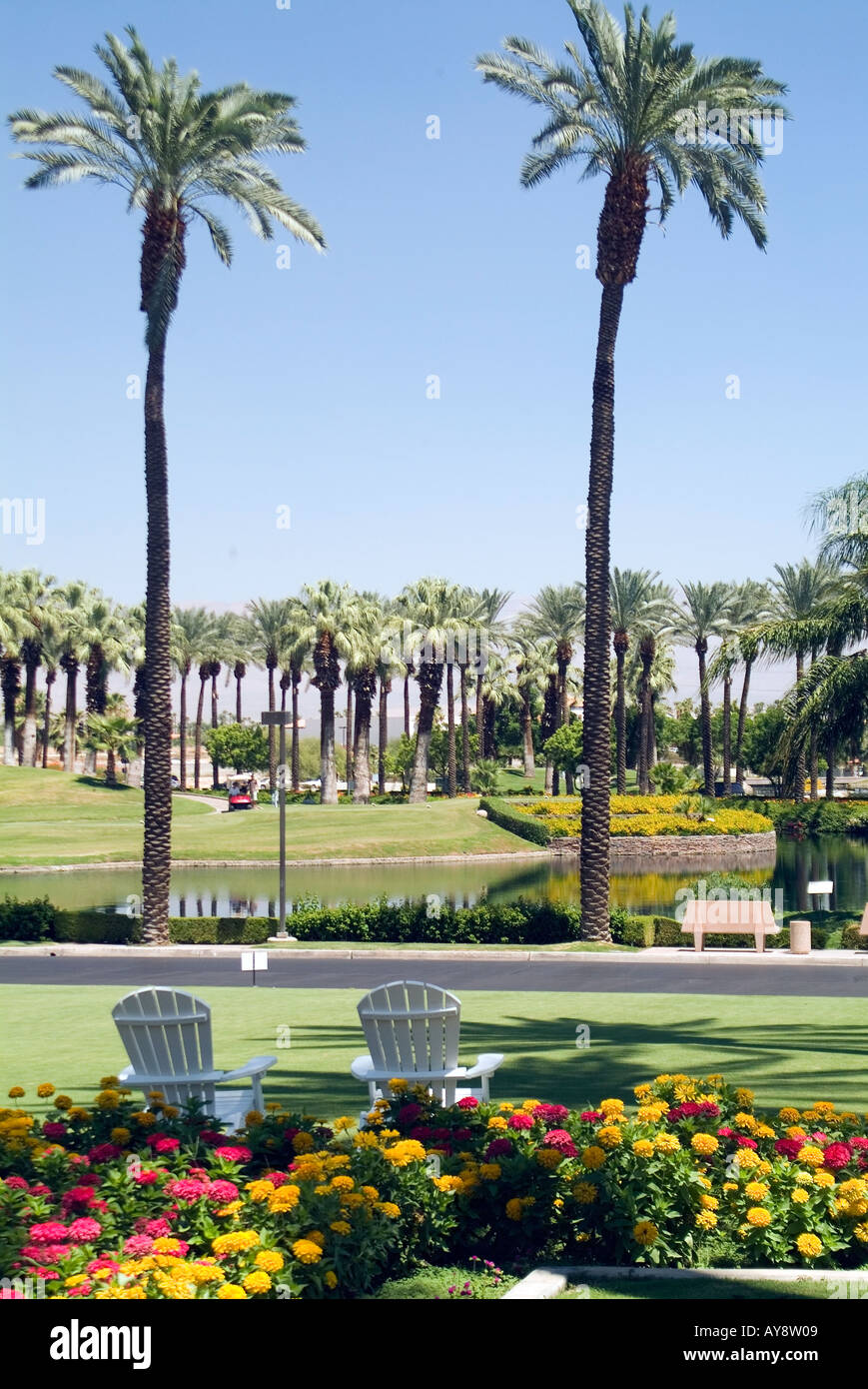 Desert Springs JW Marriott Resort & Spa in Palm Desert, Sunny day in Palm Springs Marriott golf course Southern  California, Stock Photo