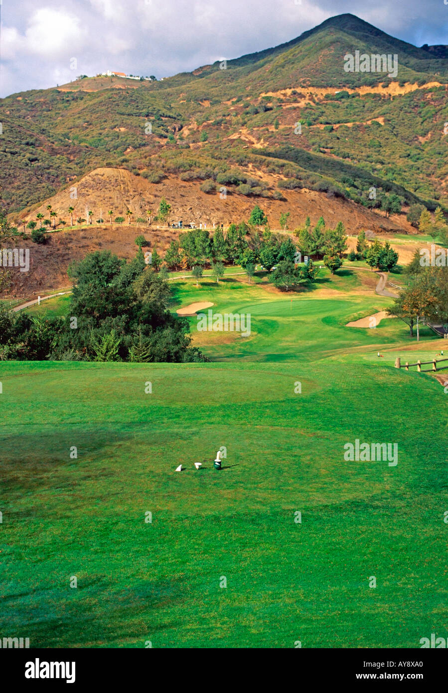 Malibu California CA Golf trees water pond bunker green flag flagstick