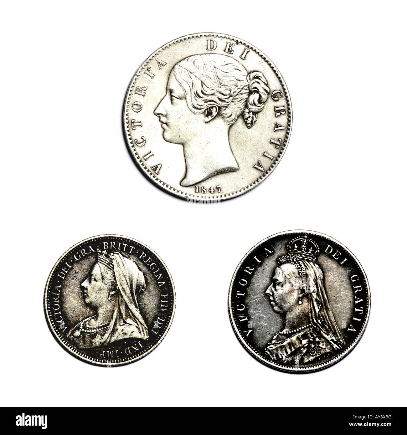 'VICTORIAN COINS: THREE QUEEN VICTORIA HEAD DESIGNS' Stock Photo