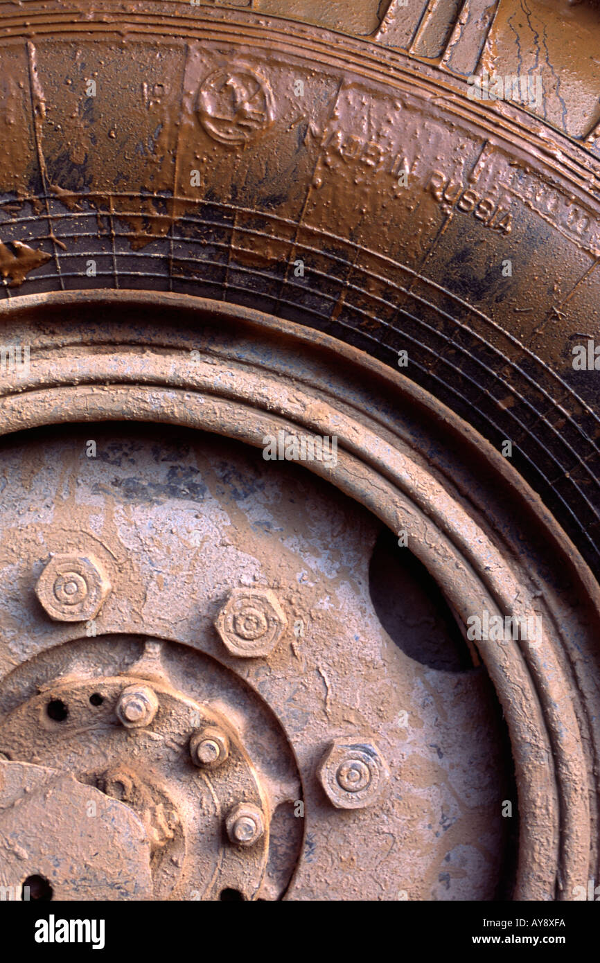 Muddy tyre of a Russian built truck about to drive through the jungles of Cuba Stock Photo