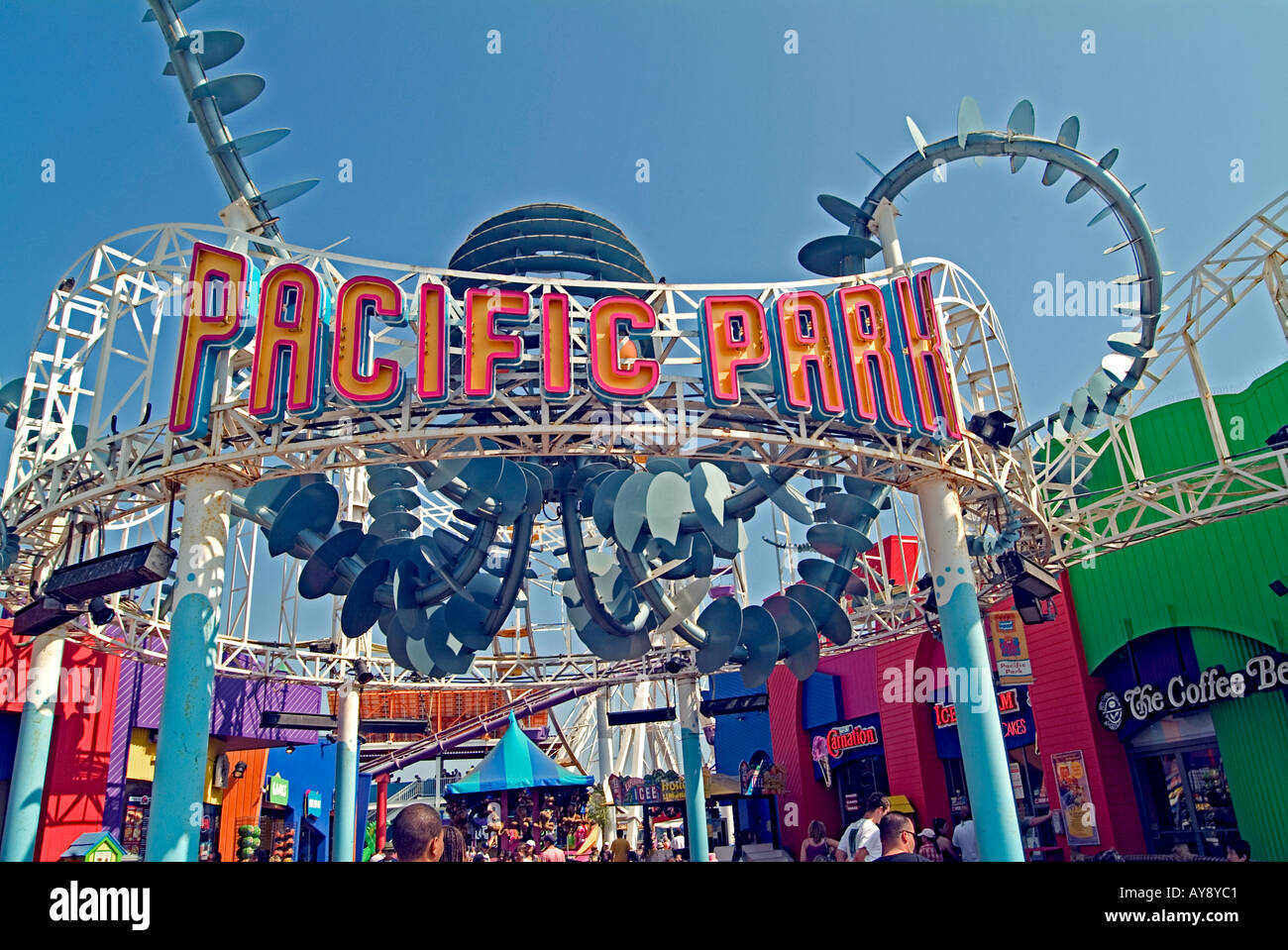 Entrance to Ocean Pacific park amusements on Santa Monica pier, California CA Ocean Pacific park Stock Photo