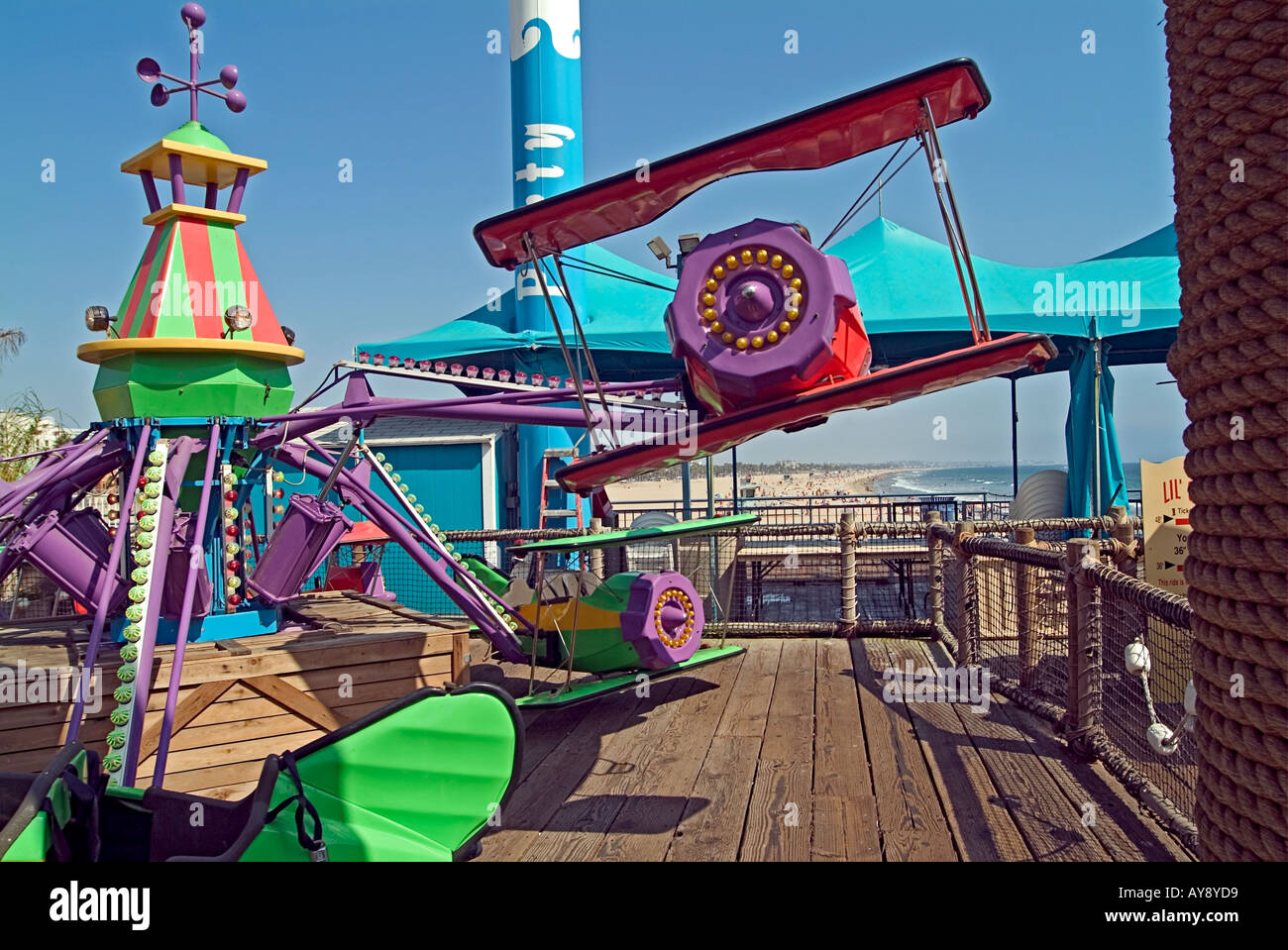 Santa Monica California, pier rides, boardwalk airplanes, child, children, recreation Stock Photo