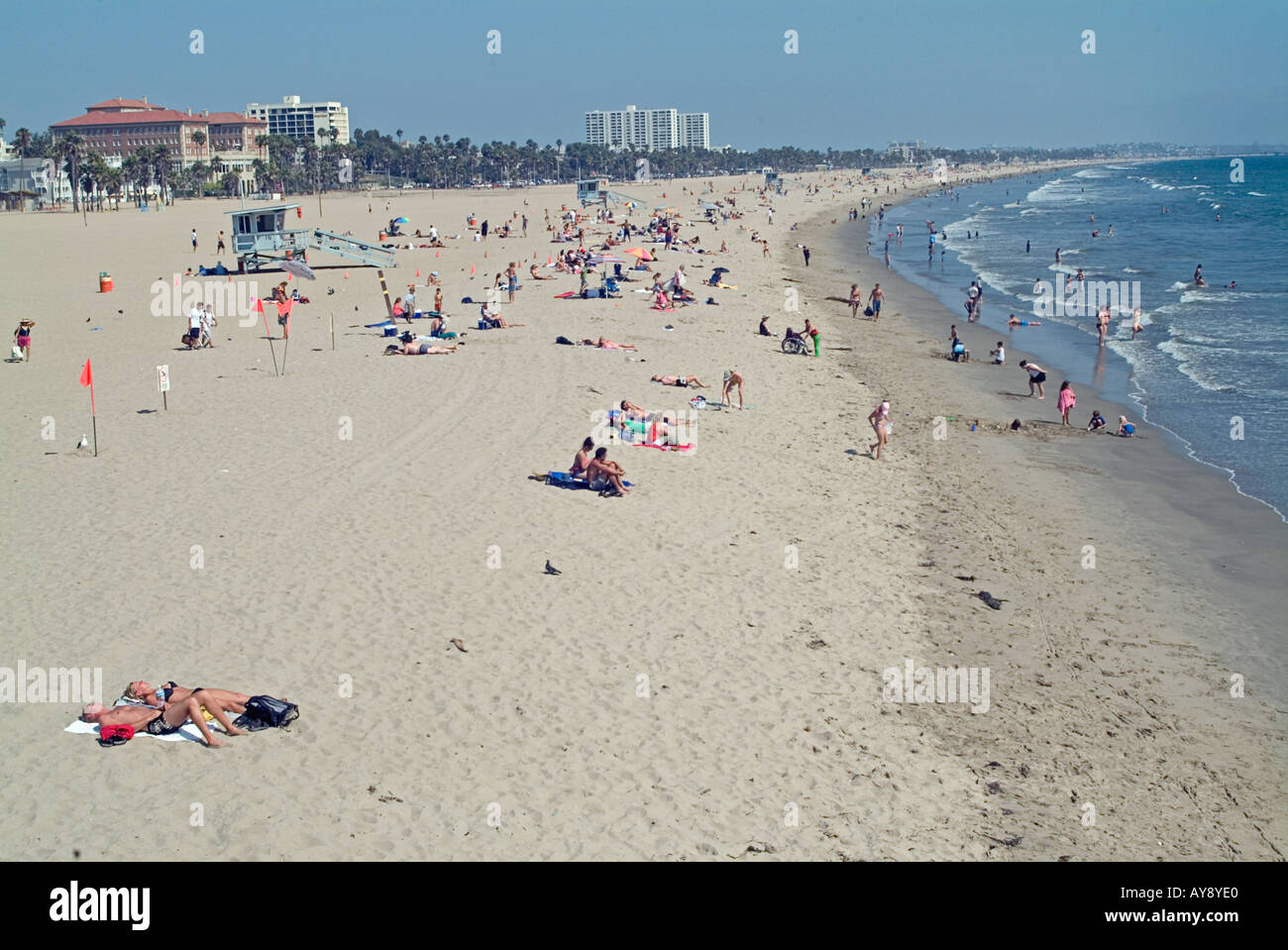 Santa Monica  California, CA, USA, US sandy beach, blue water, waves, people  beach hotels,  amusement park, Stock Photo