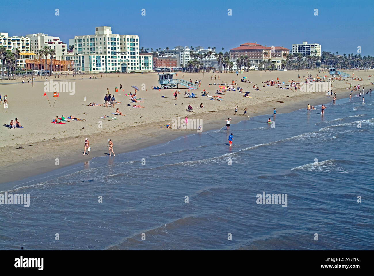 Santa Monica California, CA, USA, US sandy beach, blue water, waves, people  beach hotels,  amusement park, Stock Photo