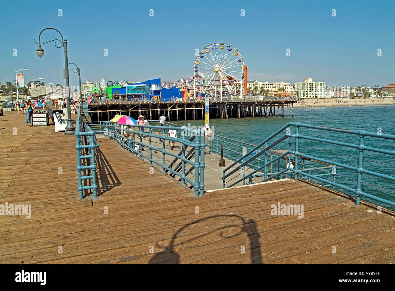 Santa Monica Pier California, CA, USA, US sandy beach, blue water, waves, people  beach hotels, ferris wheel, amusement park, Stock Photo
