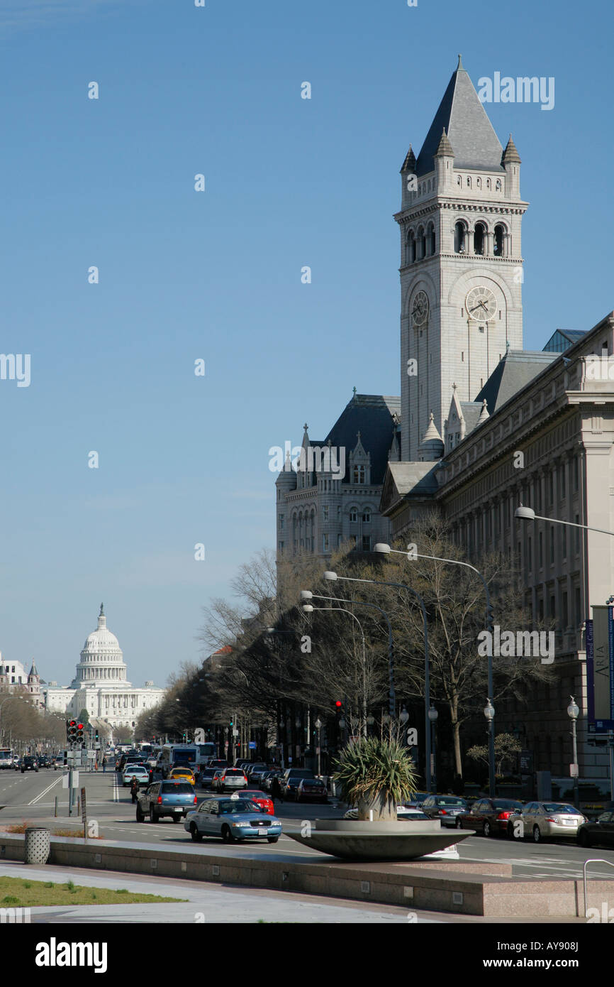 Pennsylvania Avenue, Old Post Office and United States Capitol Building, Washington, D.C Stock Photo