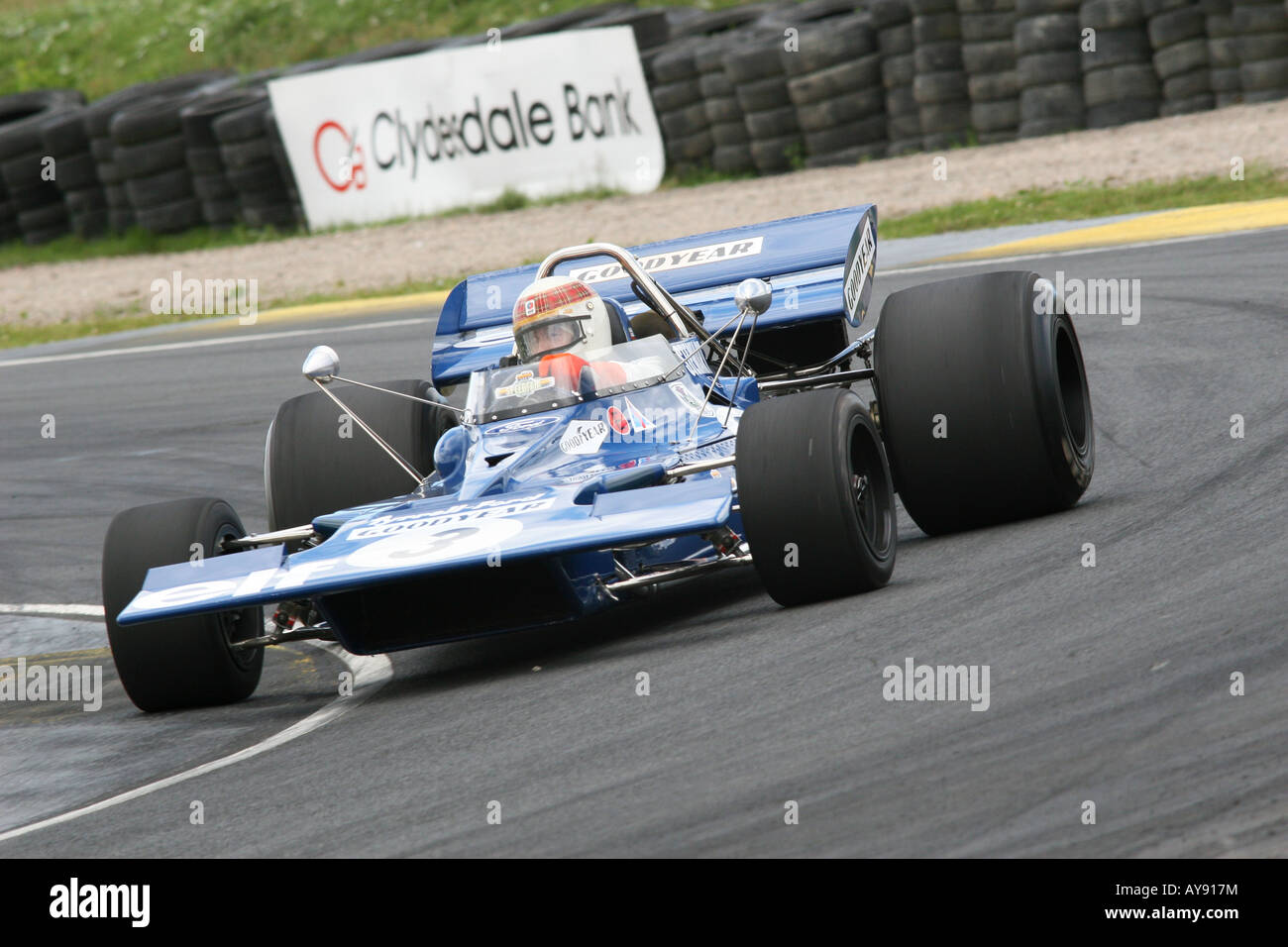 jackie stewart demonstrates his tyrell formula one grand Prix car round knockhill racing circuit in fife Stock Photo