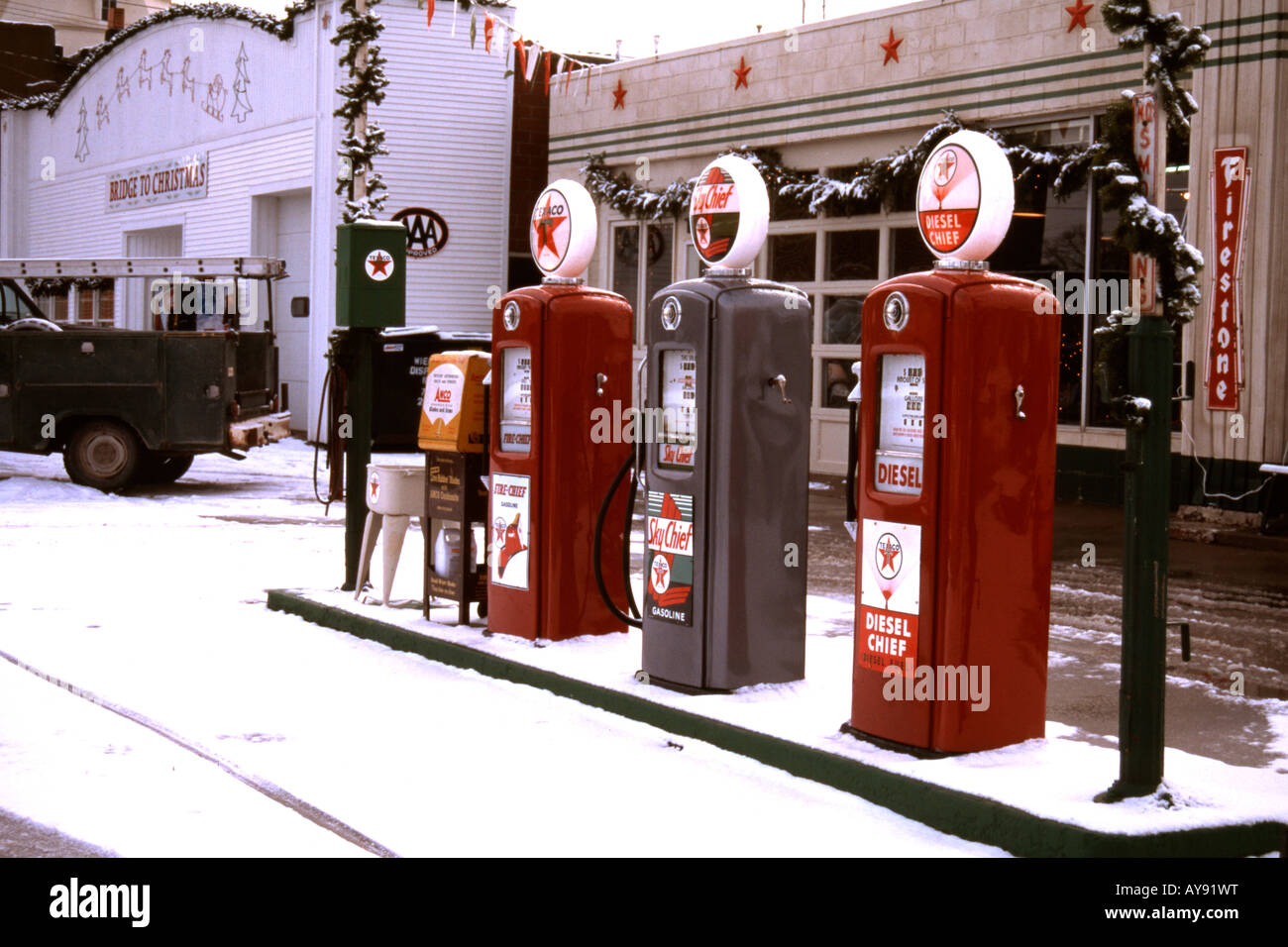 Old fashioned gas station in Winterset Iowa USA in winter Stock Photo Alamy