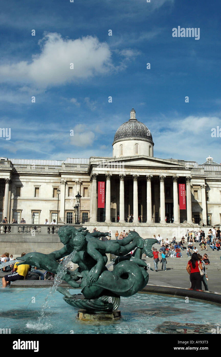 National Gallery with fountain at Trafalgar Square in London Stock Photo