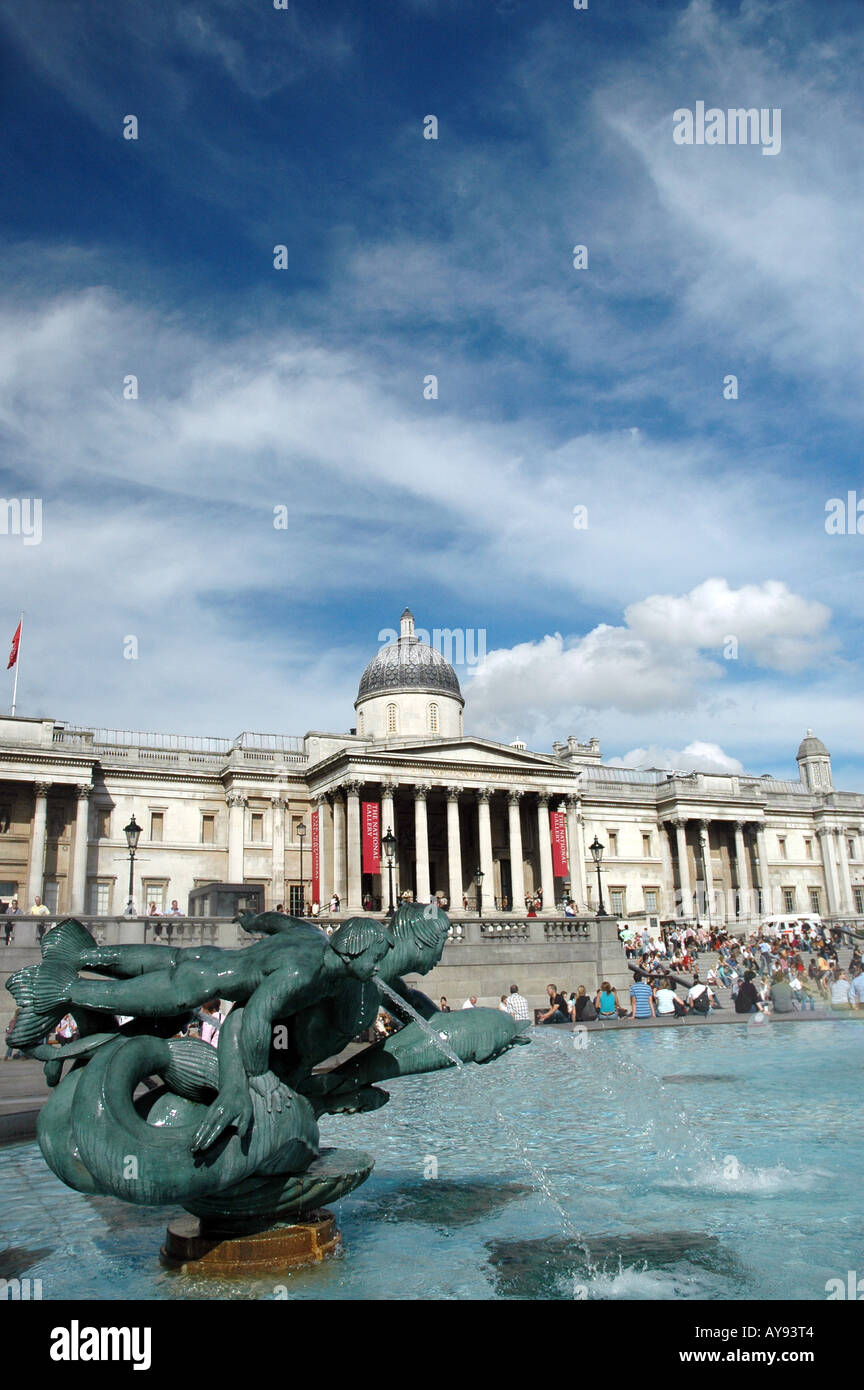 National Gallery with fountain at Trafalgar Square in London Stock Photo