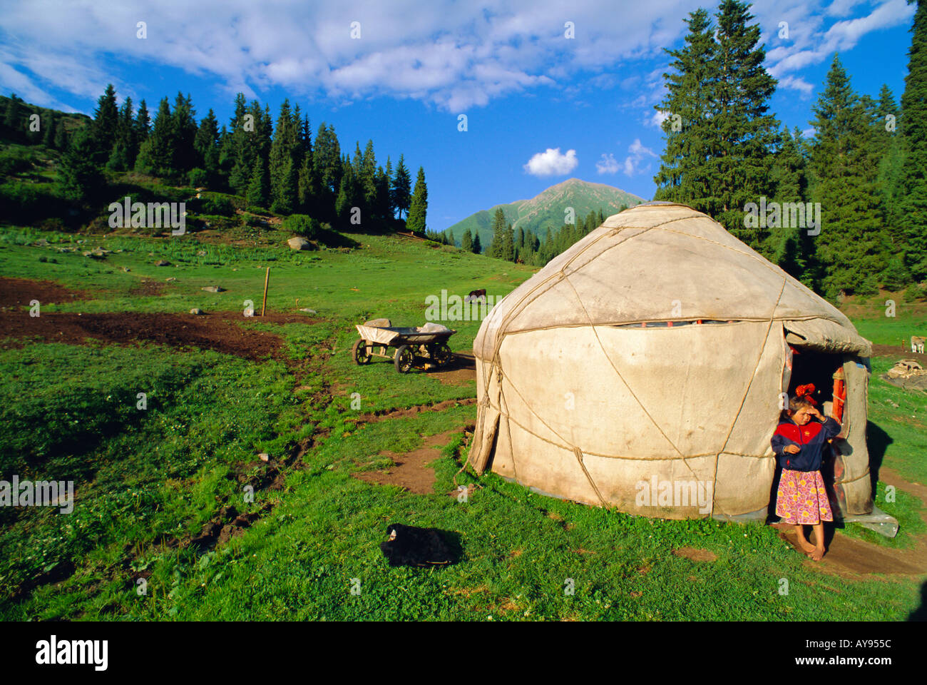 Little girl outside yurt Altyn Arashan near Kara Kol Kyrgystan Central Asia Stock Photo