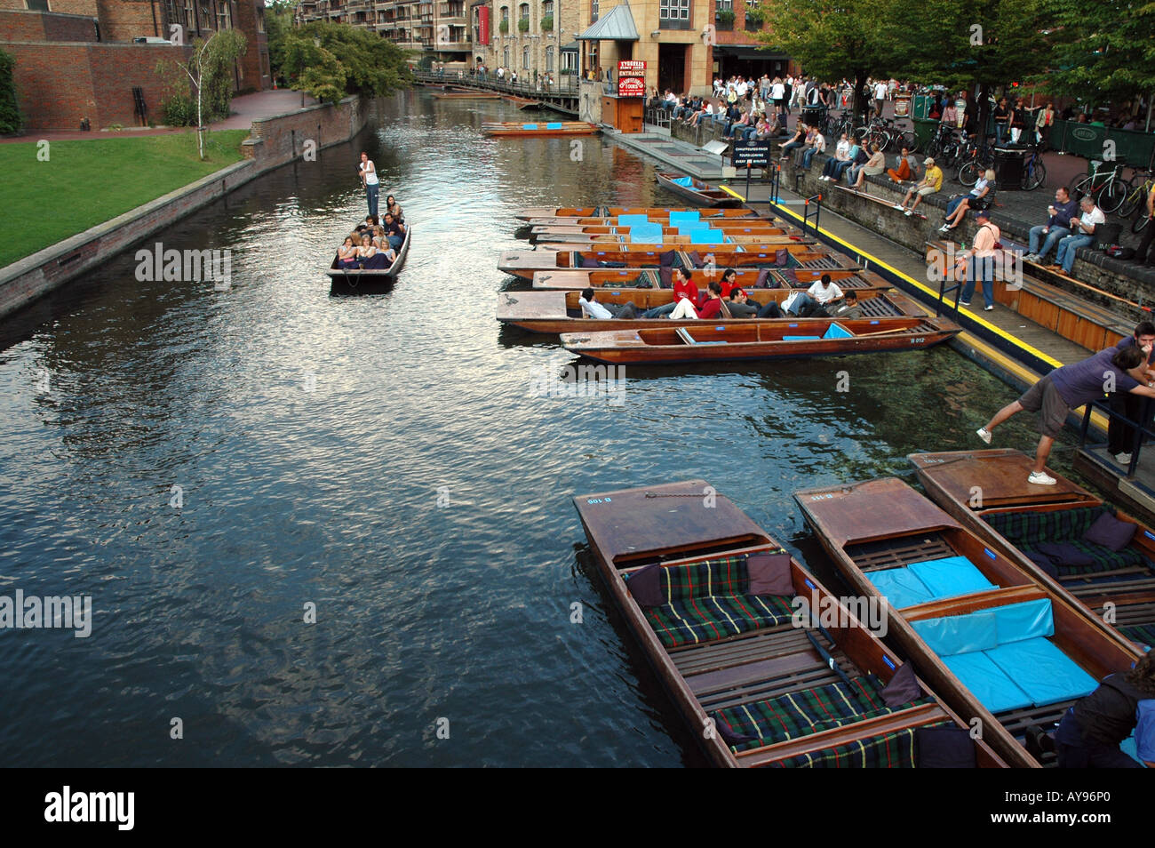 Cam River with punts, view from bridge on Magdalene Street in Cambridge, UK Stock Photo