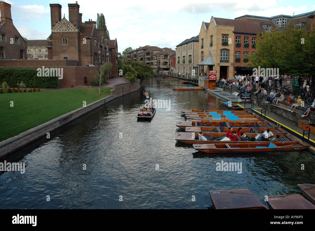 Cam River with punts, view from bridge on Magdalene Street in Cambridge, UK Stock Photo