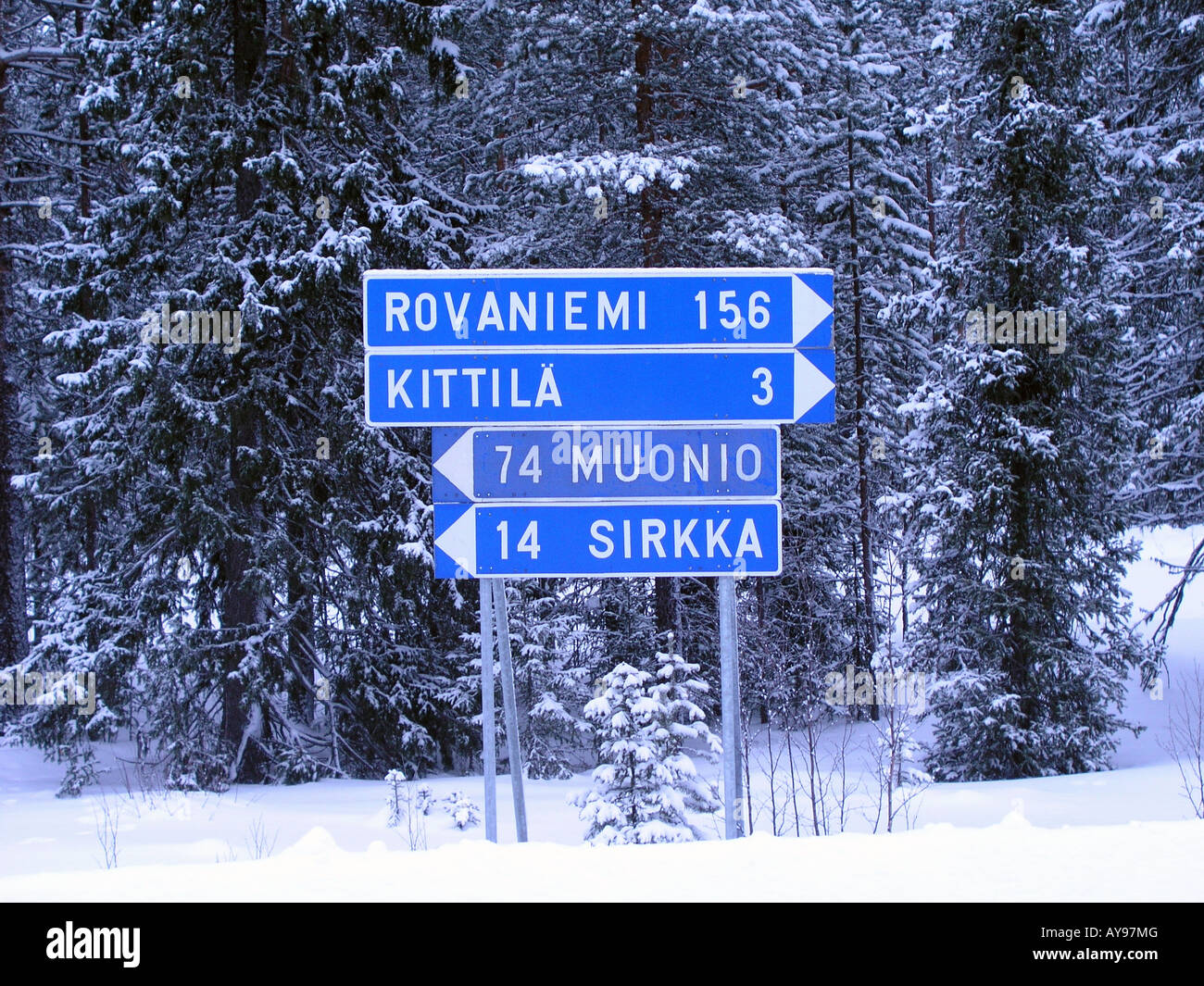 ROAD SIGN GIVING DIRECTIONS TO ROVANIEMI, KITTILA, MUONIO AND SIRKKA, FINLAND Stock Photo