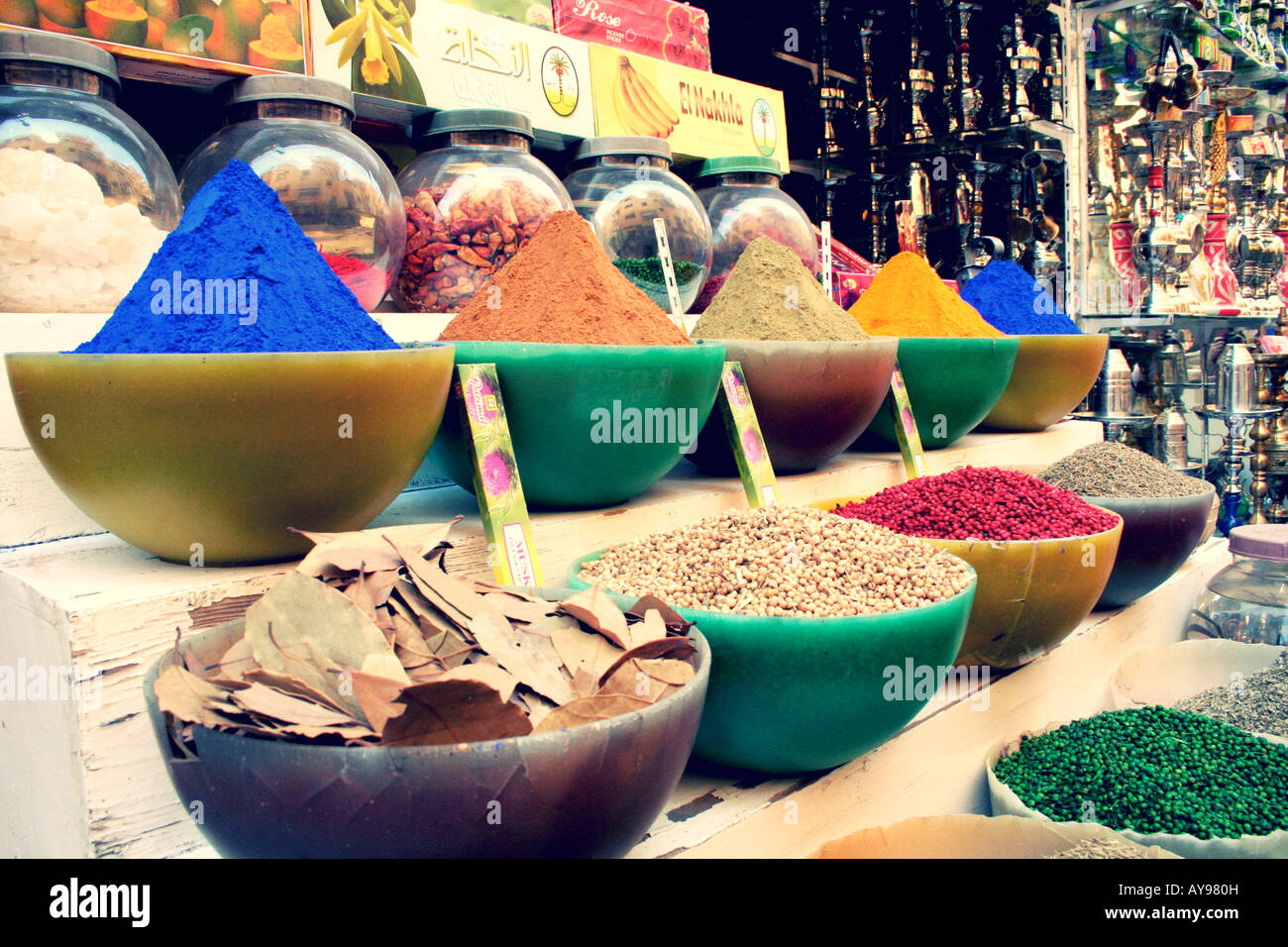 Spices and Dyes in an Egyptian Souk in Luxor Stock Photo