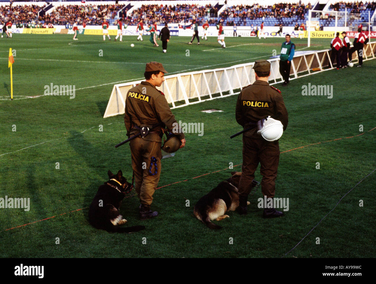 Policemen at an International football match between Slovakia and Hungary at Tehelne Pole Stadium, Bratislava. Stock Photo