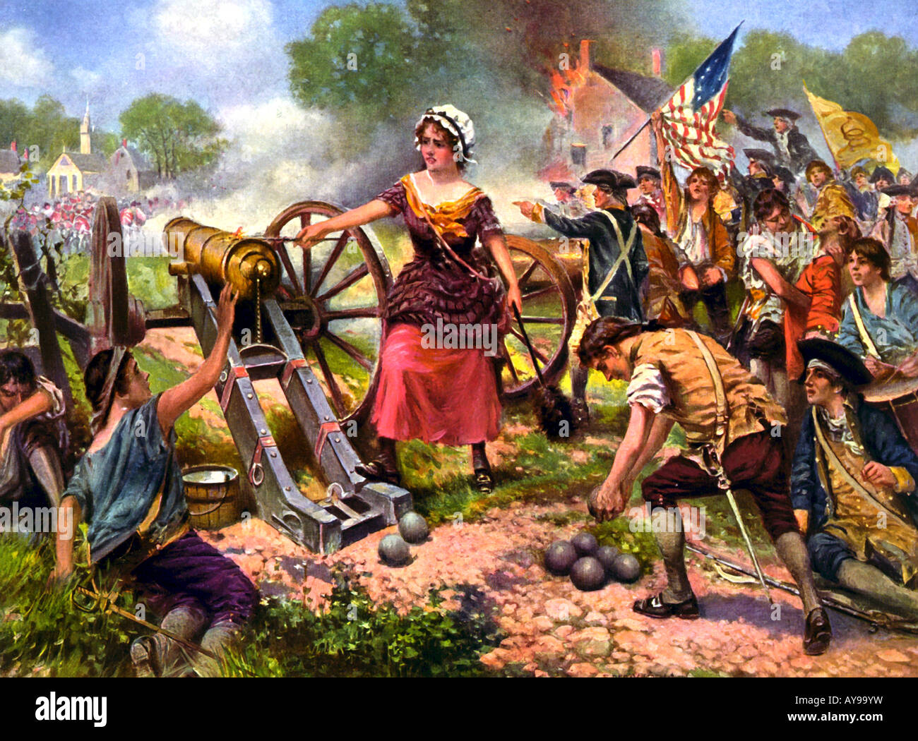 Molly Pitcher firing a cannon at the Battle of Monmouth in the US Revolutionary War Stock Photo