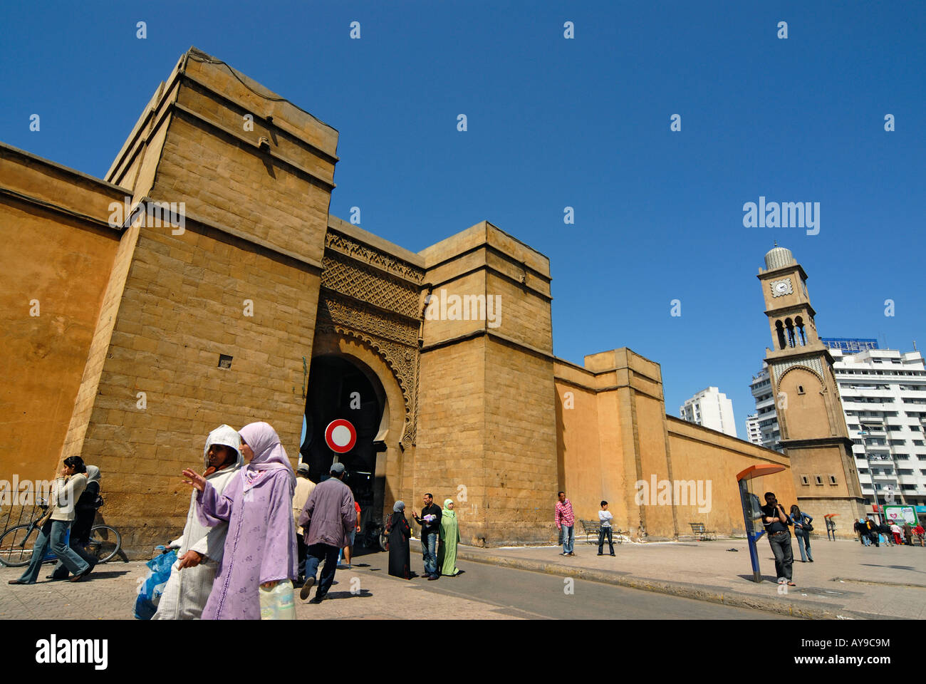City Walls and Clock-Tower at Place des Nations Unies in Central Casablanca, Morocco Stock Photo