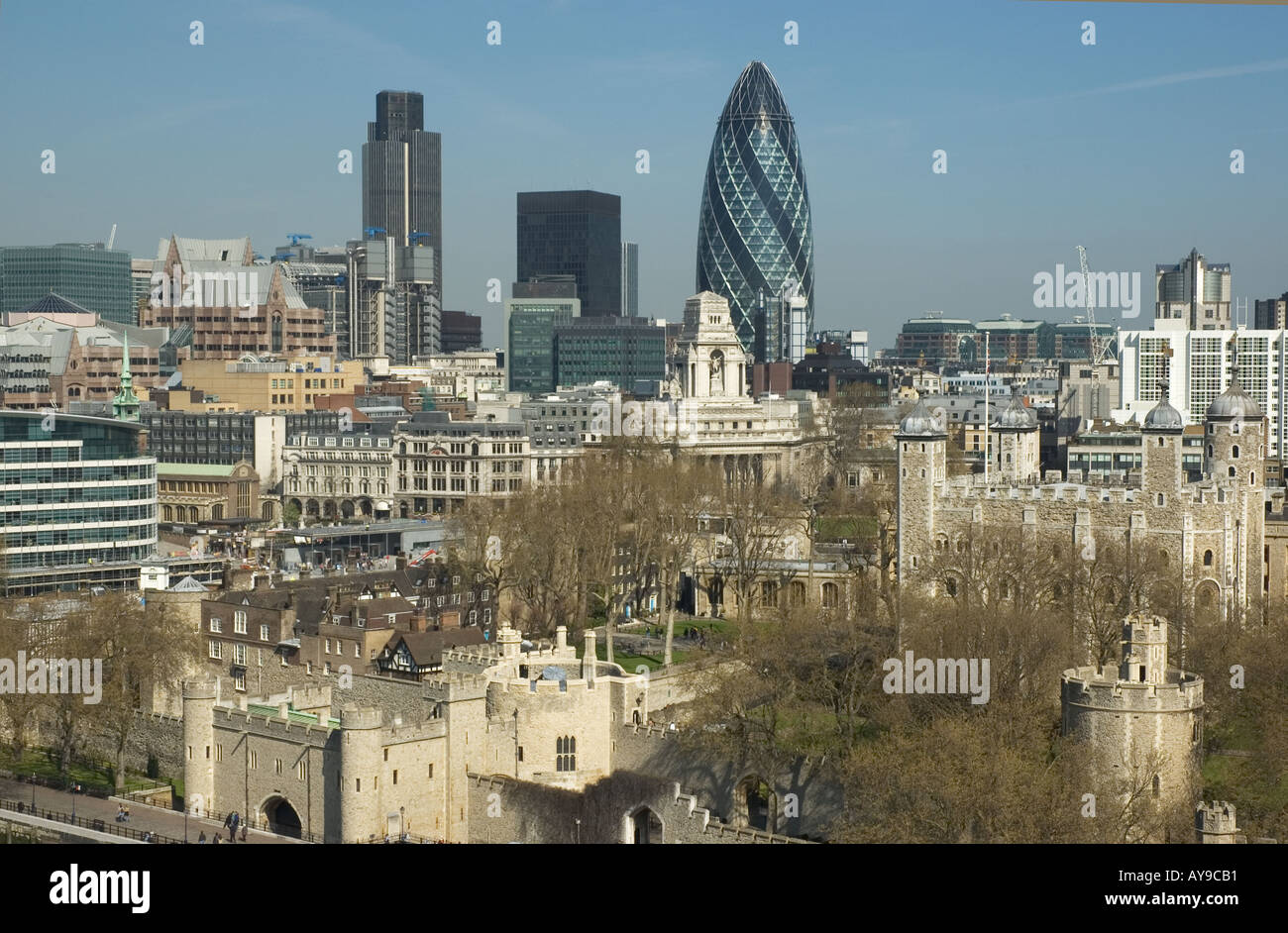 UK London City panorama with Gherkin aka Swiss Re Tower Tower of London ...