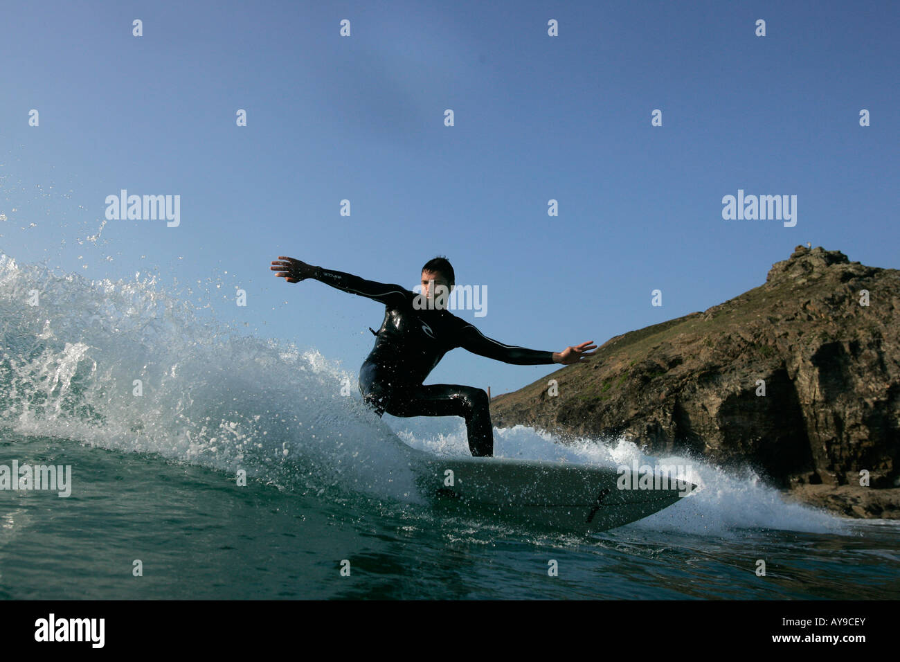 Gary Green surfing action, Chapel Porth, Cornwall, UK Stock Photo
