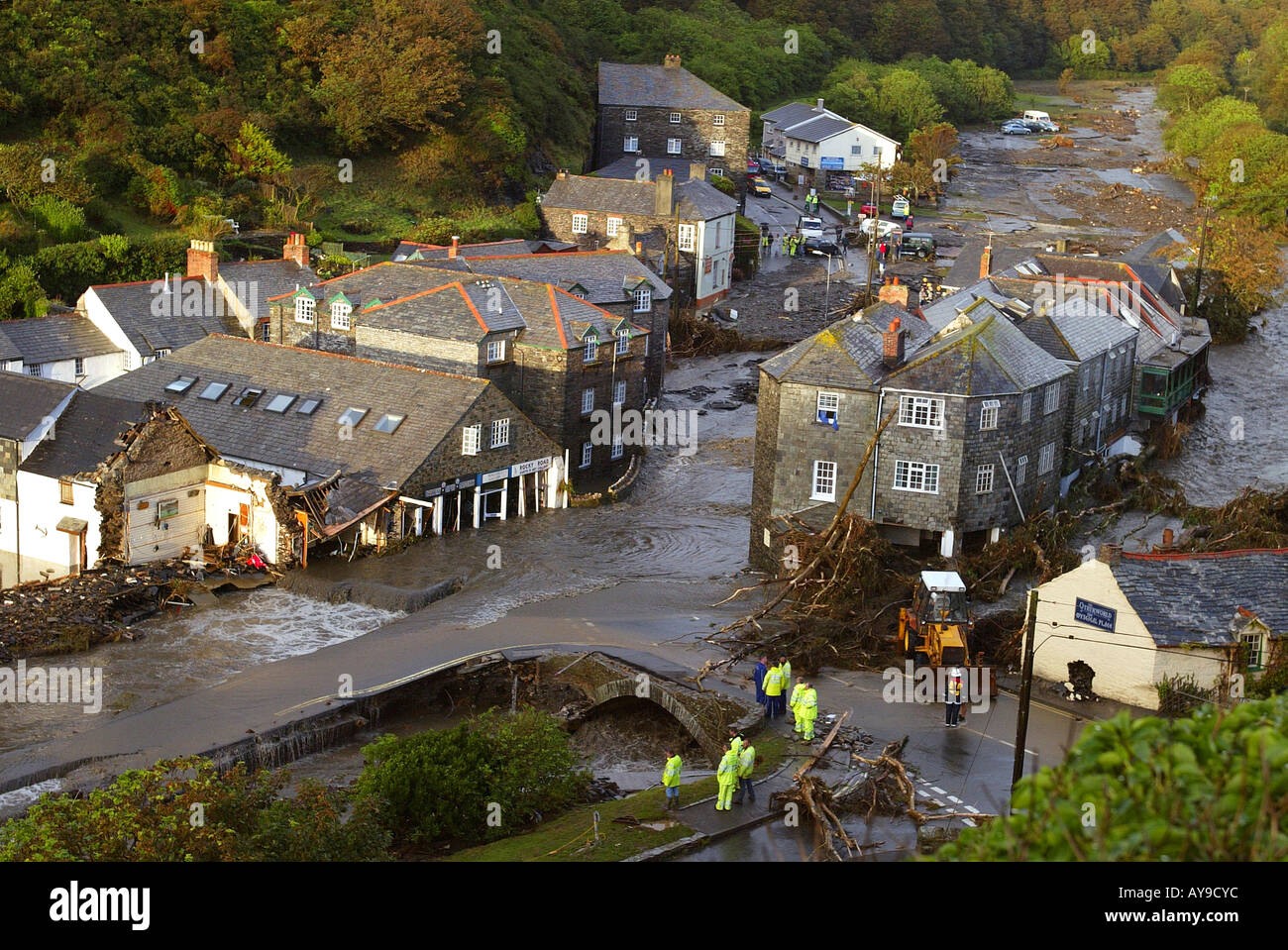 The scene at Boscastle in Cornwall England after floodwater swept through the town Stock Photo