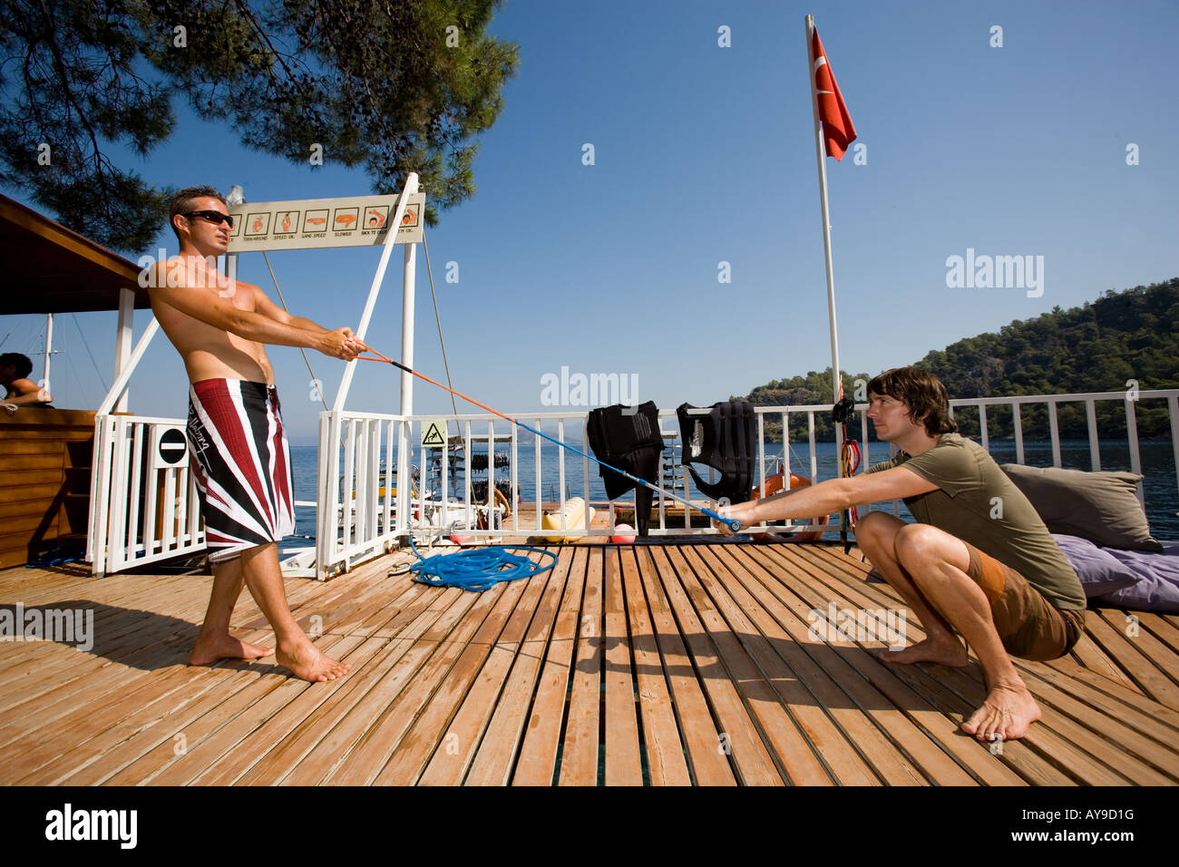 Dan Hipgrave, wakeboarding preparation in Turkey Stock Photo