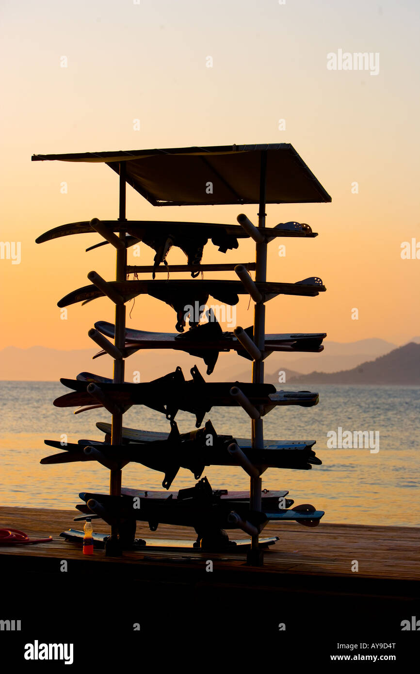 Backlit wakeboarding equipment at sunset in Turkey Stock Photo