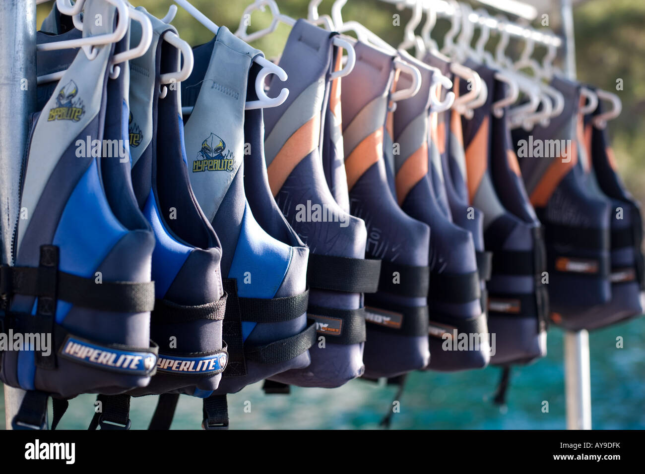 Wakeboarding life jackets hanging, Turkey Stock Photo Alamy