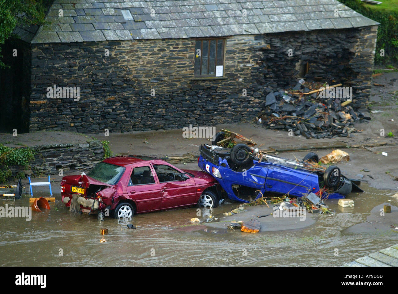 The scene at Boscastle in Cornwall England after floodwater swept through the town Stock Photo