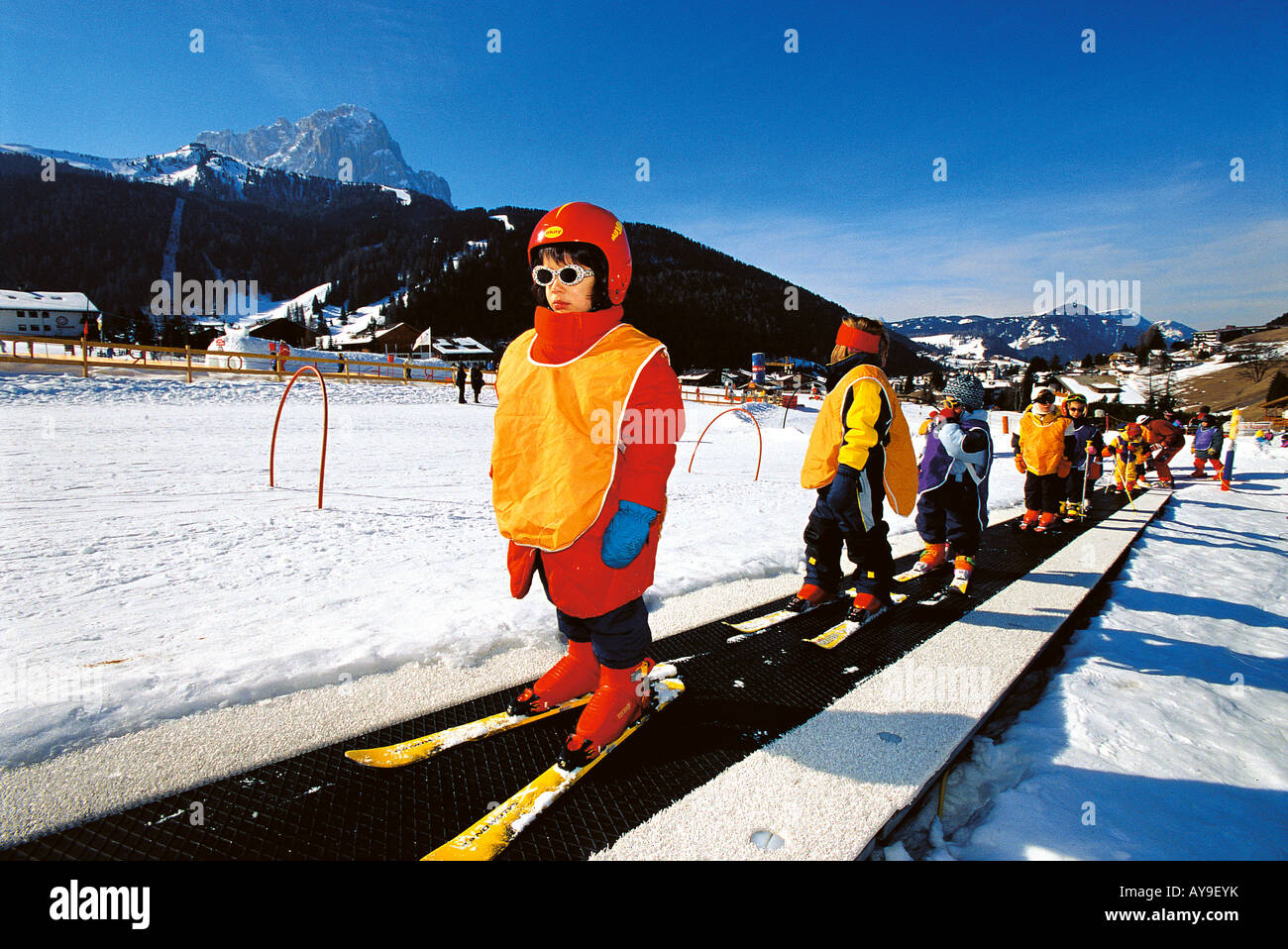Childrens skiing lesson Passo de Gardena, Selva Gardena, Italy Stock Photo