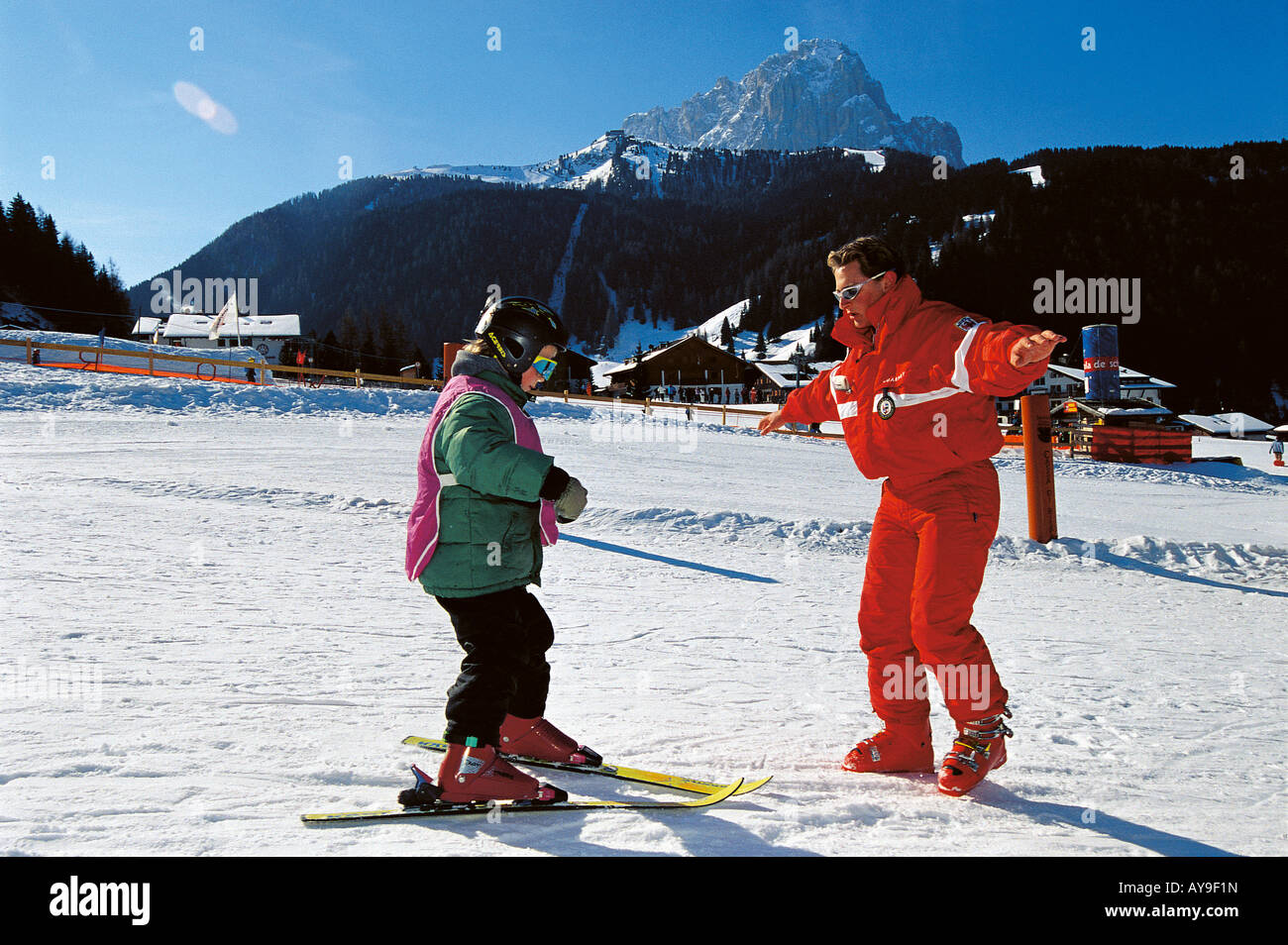 Skiing lesson, balance on skis, Passo de Gardena, Selva Gardena, Italy Stock Photo
