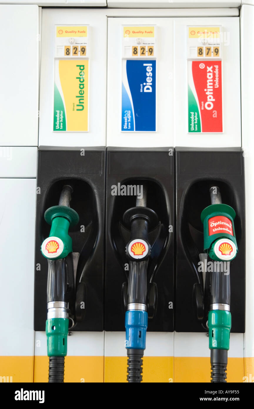 Shell petrol pumps at garage forecourt, UK Stock Photo