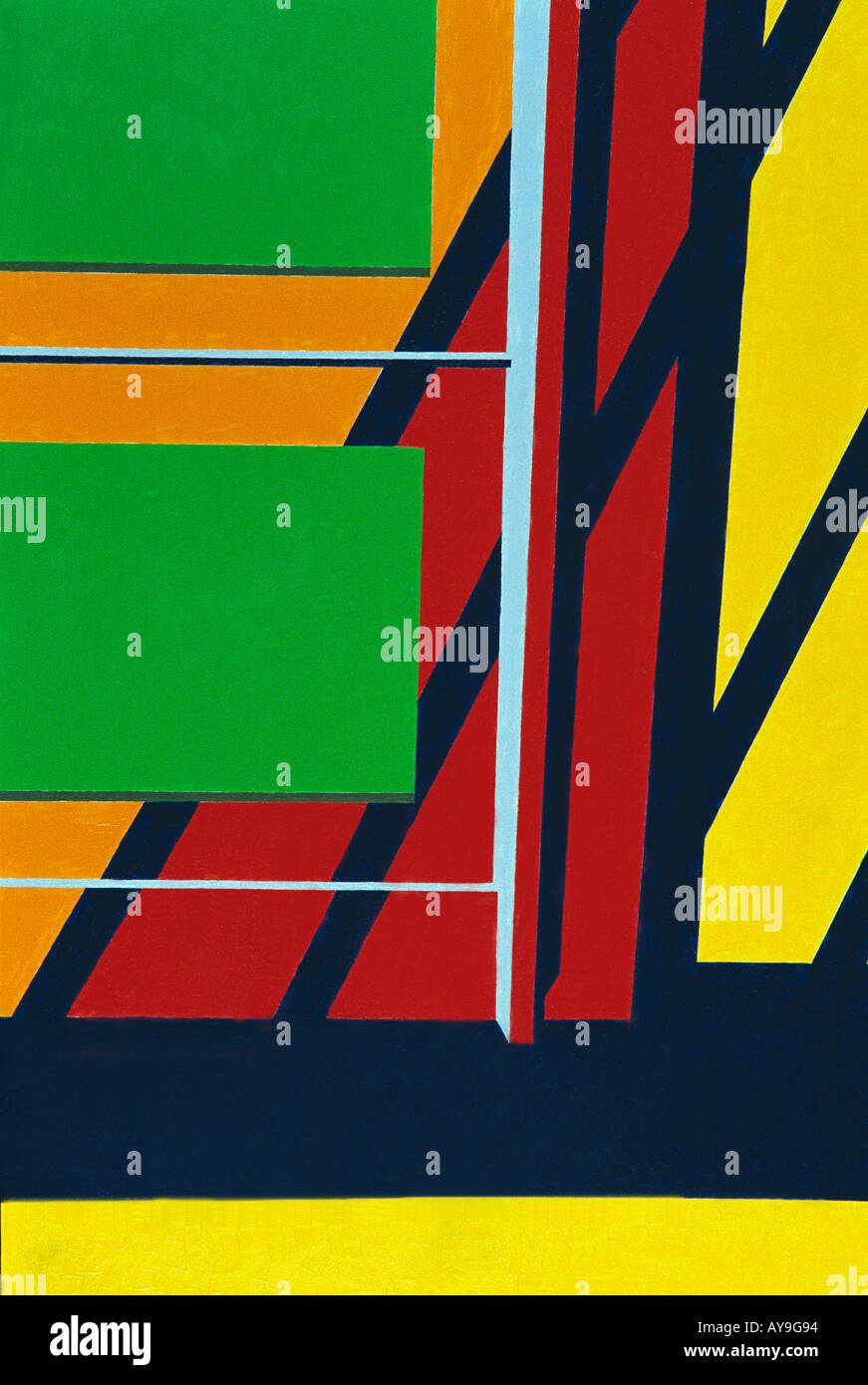 Art Abstract close up of painting in primary colors of red, blue, green, yellow lines and squares Stock Photo