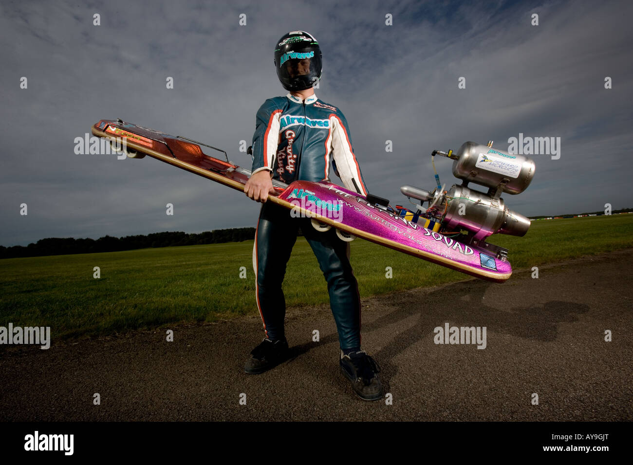 Joel King standing with a jet powered street luge Stock Photo