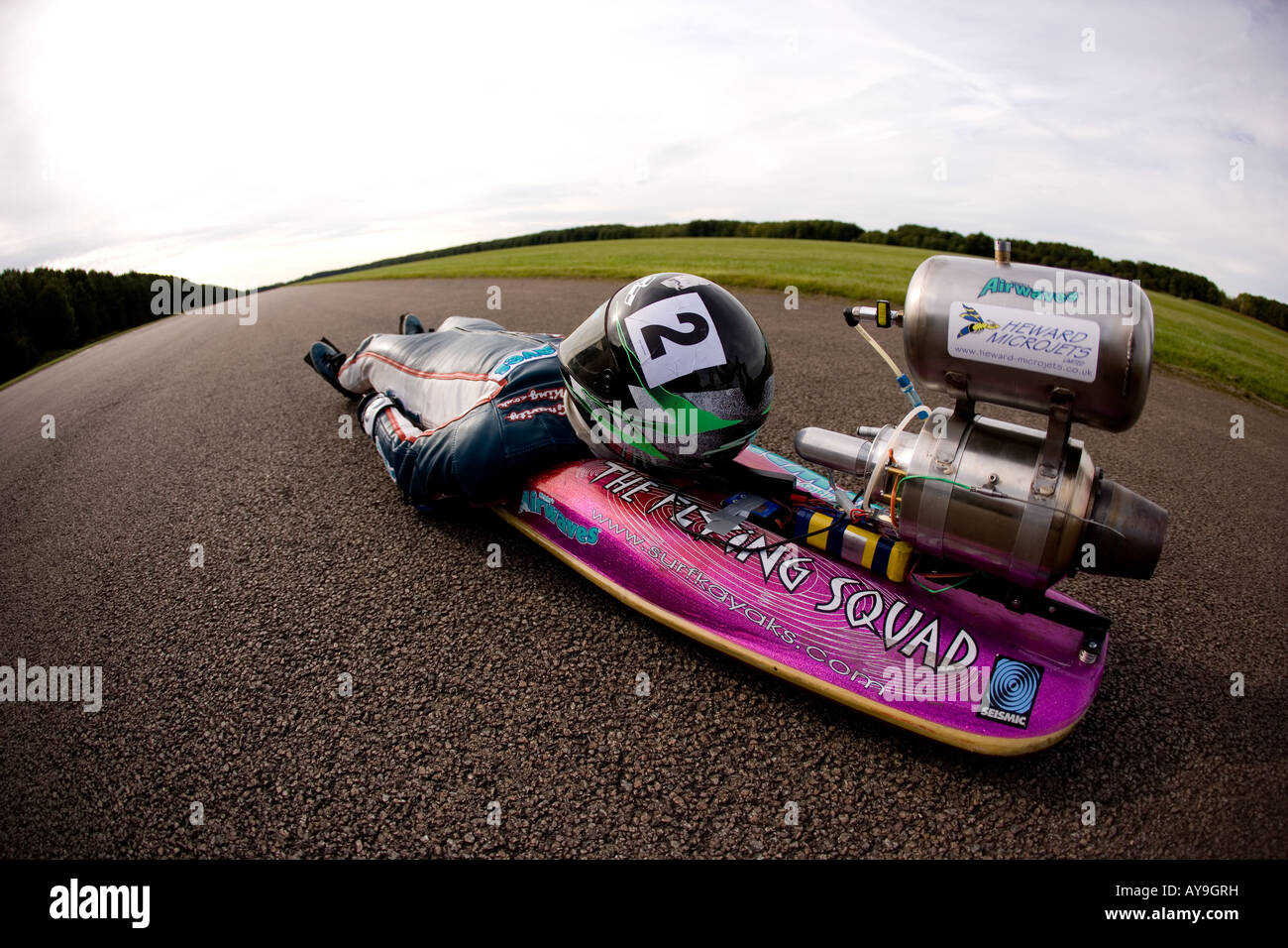 Joel King prepares for the road on a jet powered street luge Stock Photo