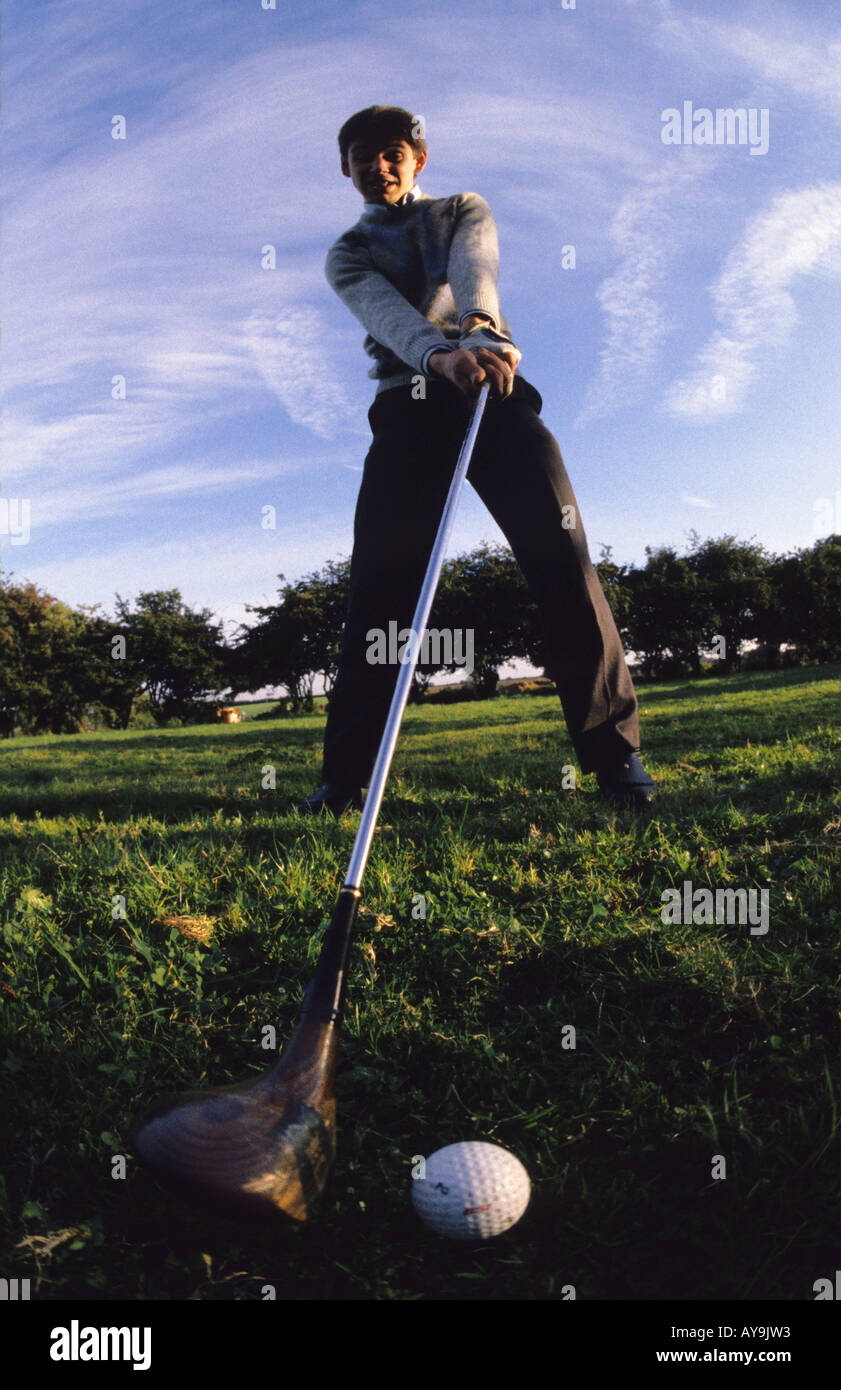golfer lining up shot using driver uk Stock Photo