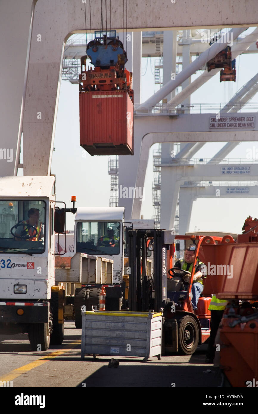 Specialized hustler trucks line up for cargo containers unloaded via overhead crane in Jersey City NJ Stock Photo