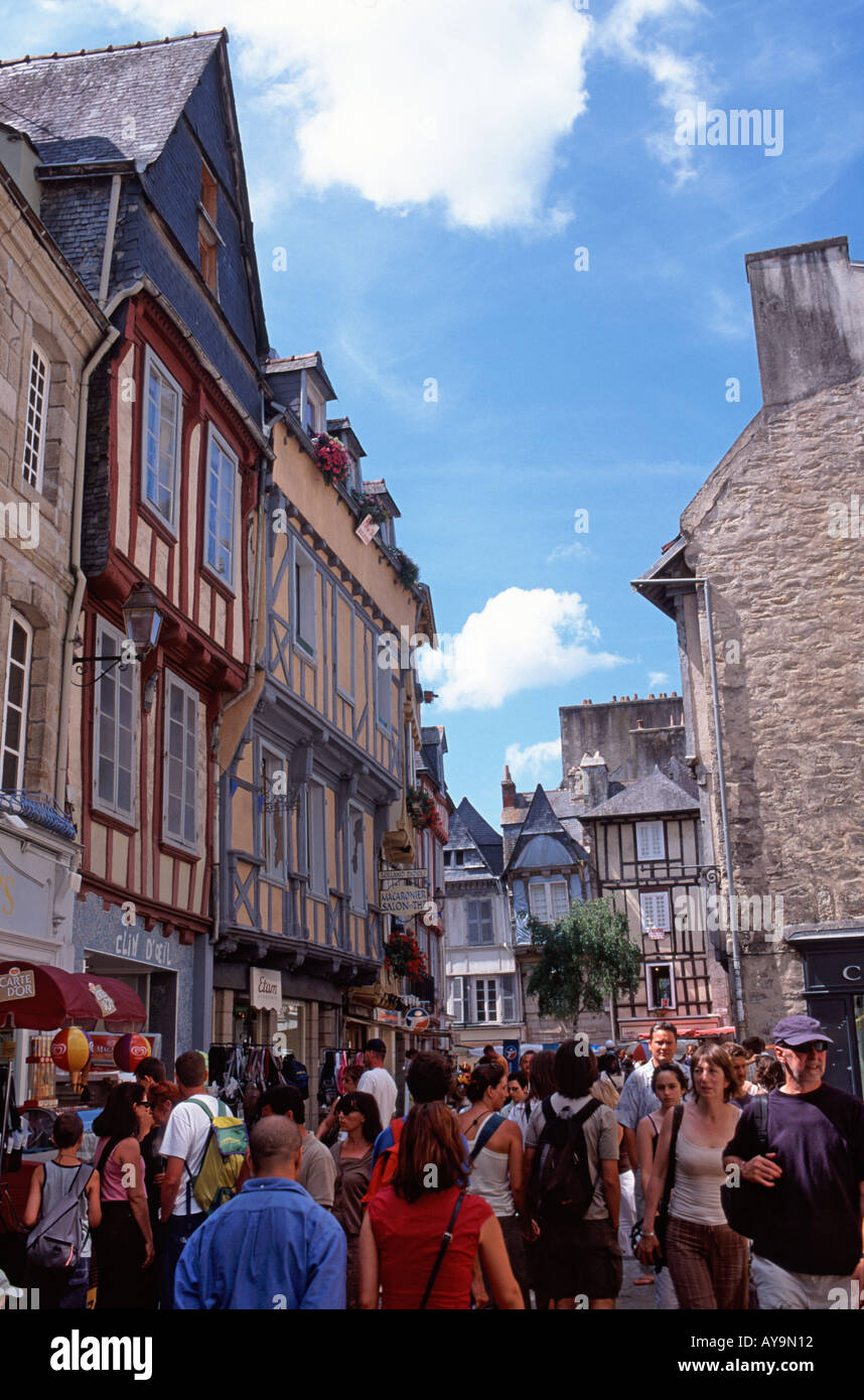 Crowded shopping street in medieval Old Quimper, Brittany, France Stock Photo